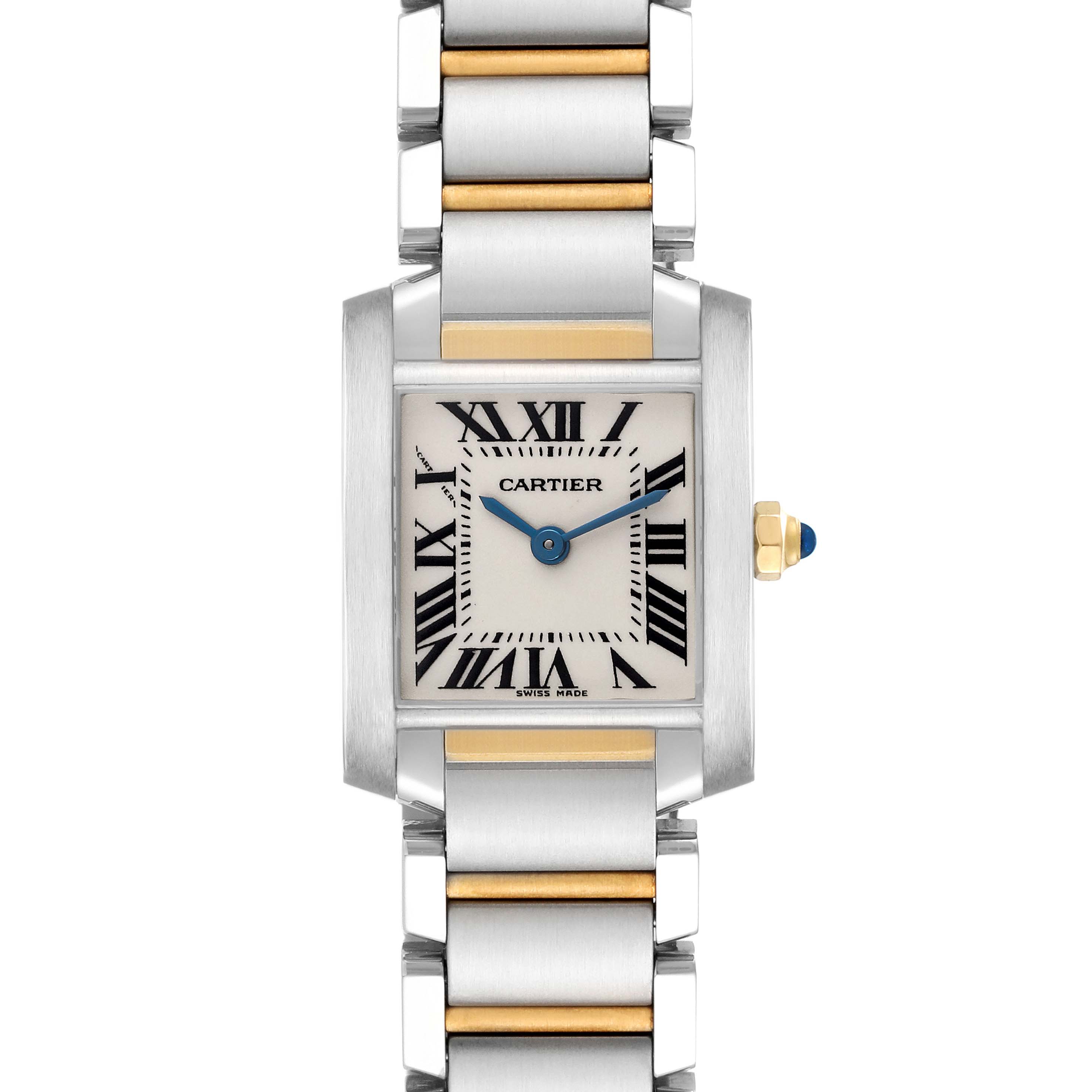 The Cartier Tank Française watch is shown from a front angle, highlighting its face, bracelet, and crown.