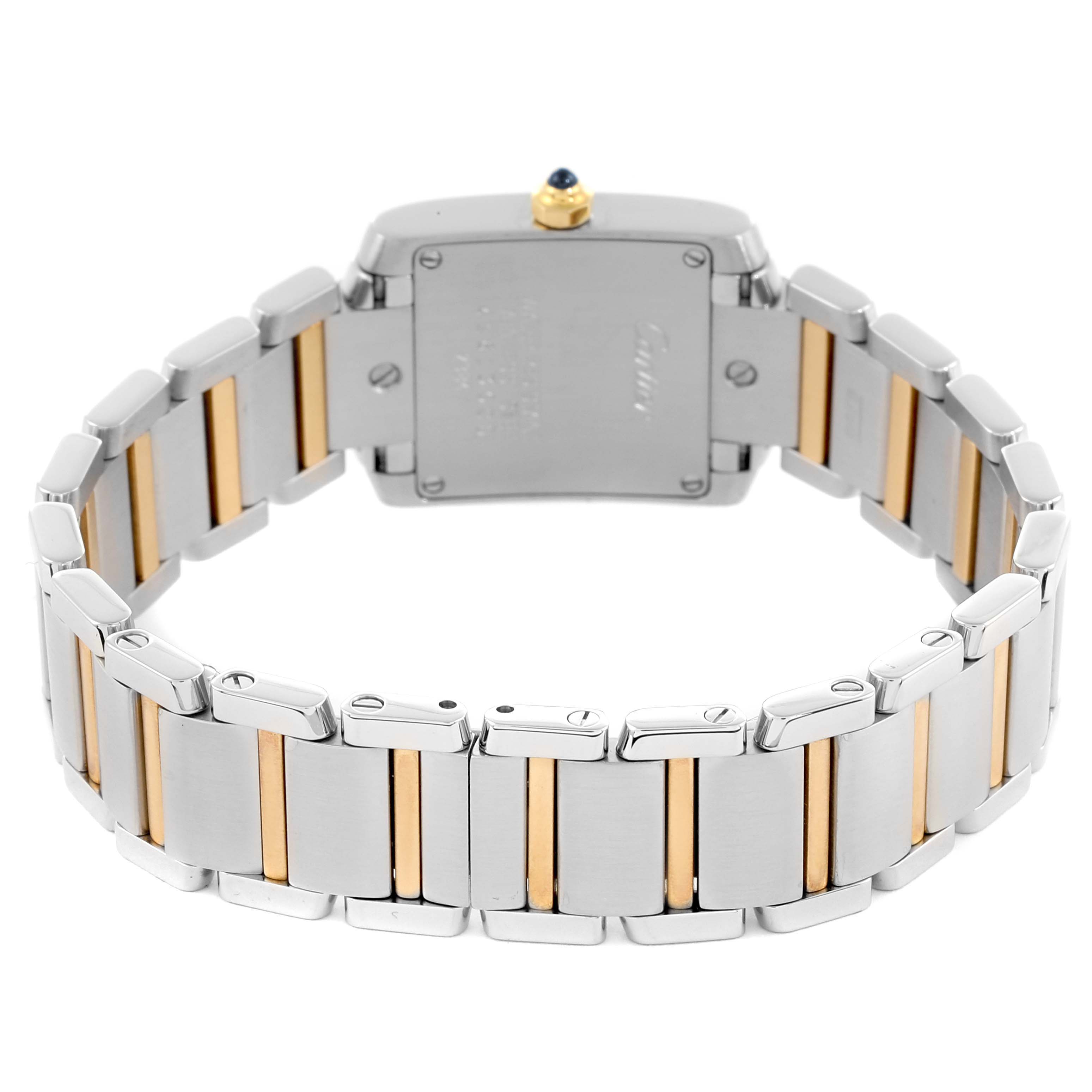 The image shows the back view of the Cartier Tank Française watch, highlighting the two-tone bracelet and case back.