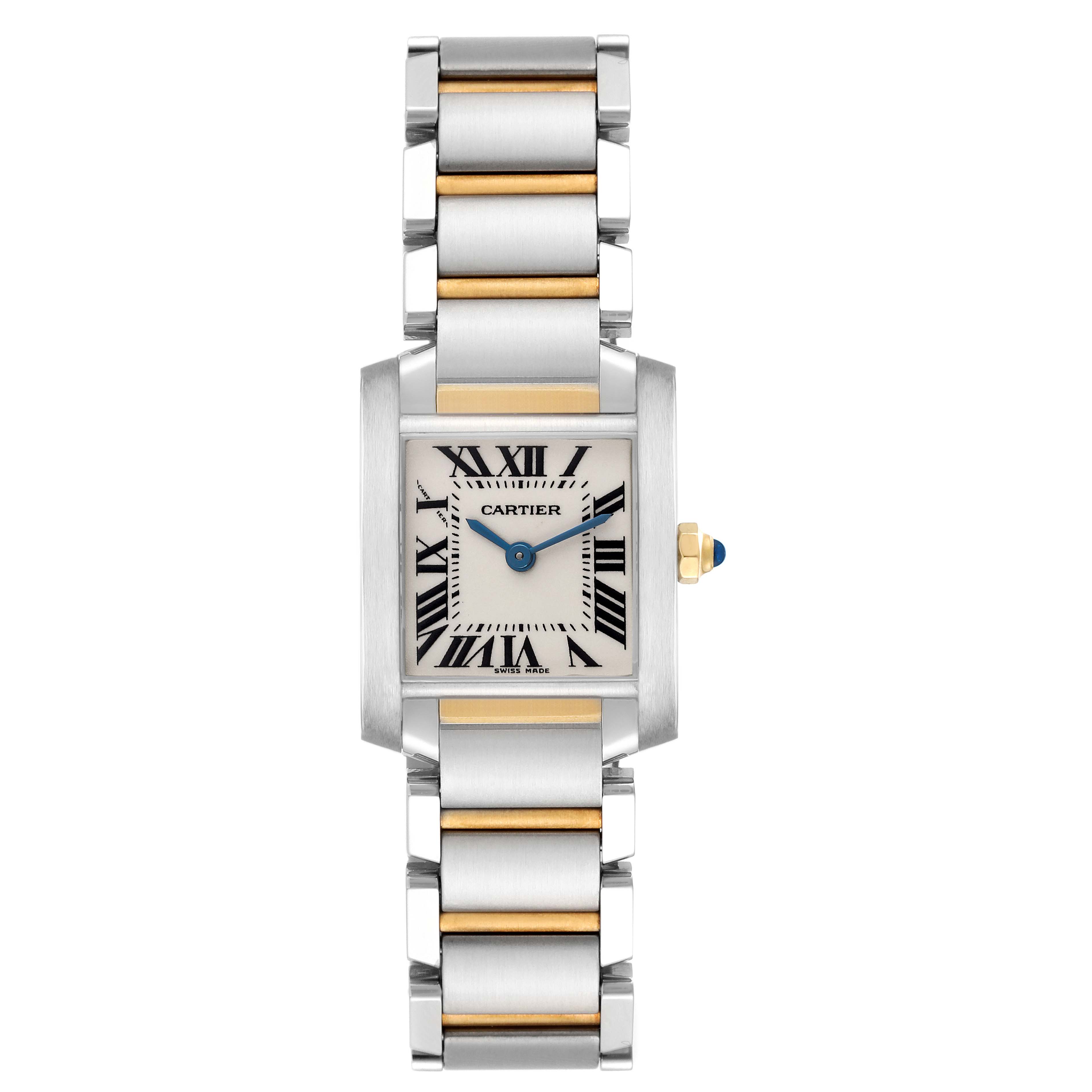 The Cartier Tank Francaise W51007Q4 Women's Steel and Gold (two tone) Silver Dial W51007Q4 Women's Steel and Gold (two tone) Silver Dial watch is shown from a top-down angle, displaying the face and bracelet.