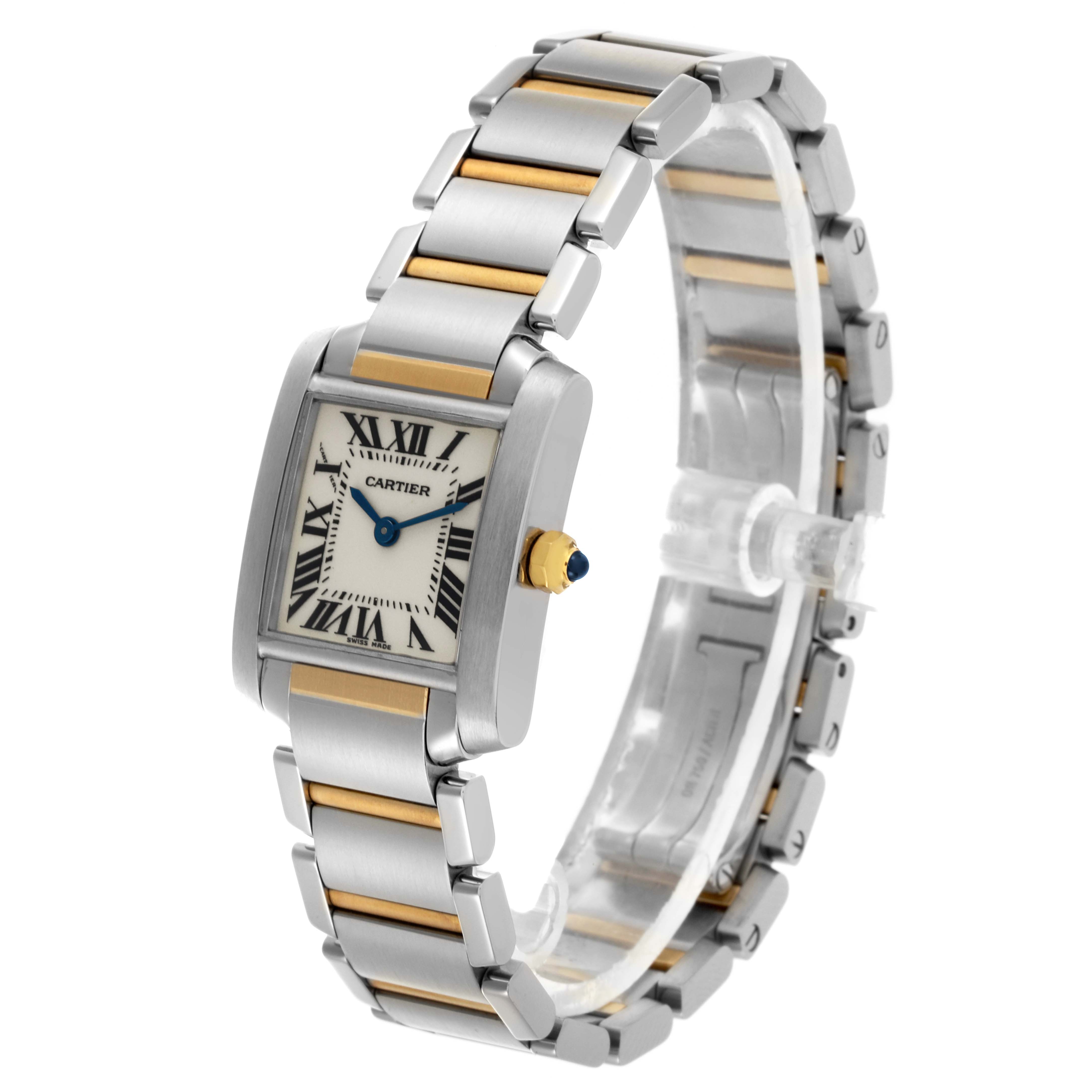 The Cartier Tank Française watch is shown from an angled perspective, highlighting the face, bracelet, and crown.