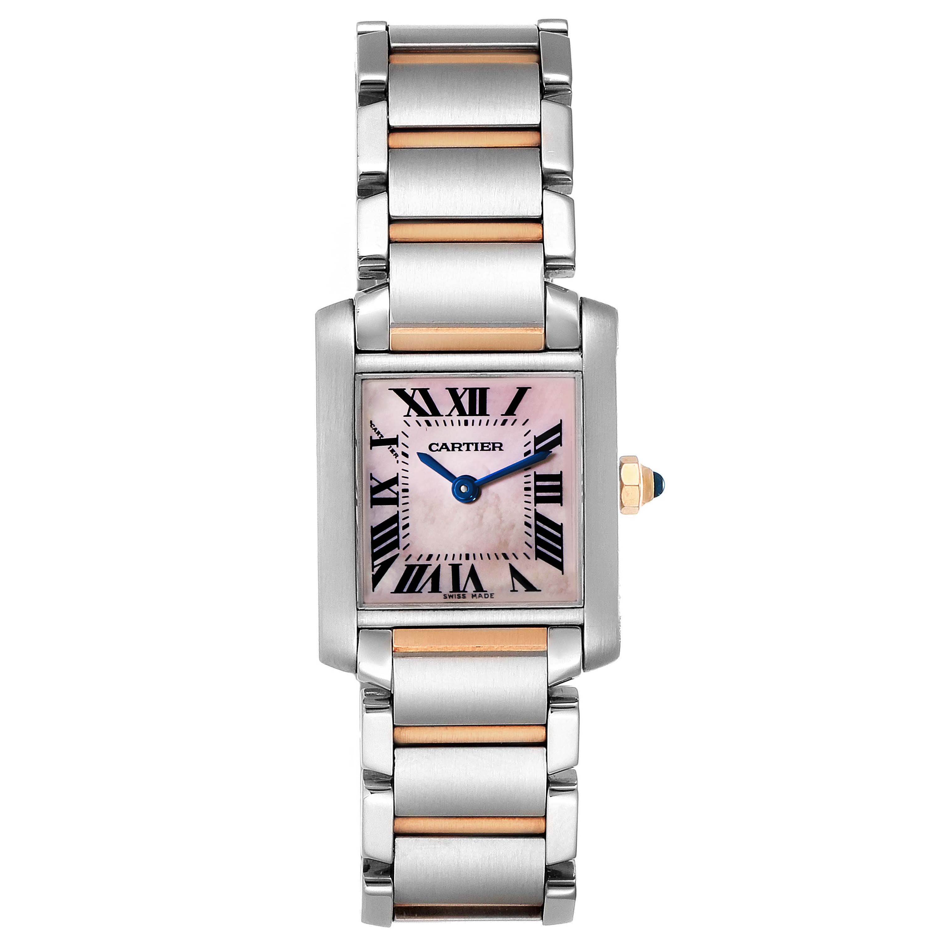 The image shows a frontal view of the Cartier Tank Francaise W51027Q4 Women
s Steel and Gold (two tone) Mother of Pearl Dial W51027Q4 Women
s Steel and Gold (two tone) Mother of Pearl Dial watch, highlighting its pink dial, Roman numerals, and metal bracelet.