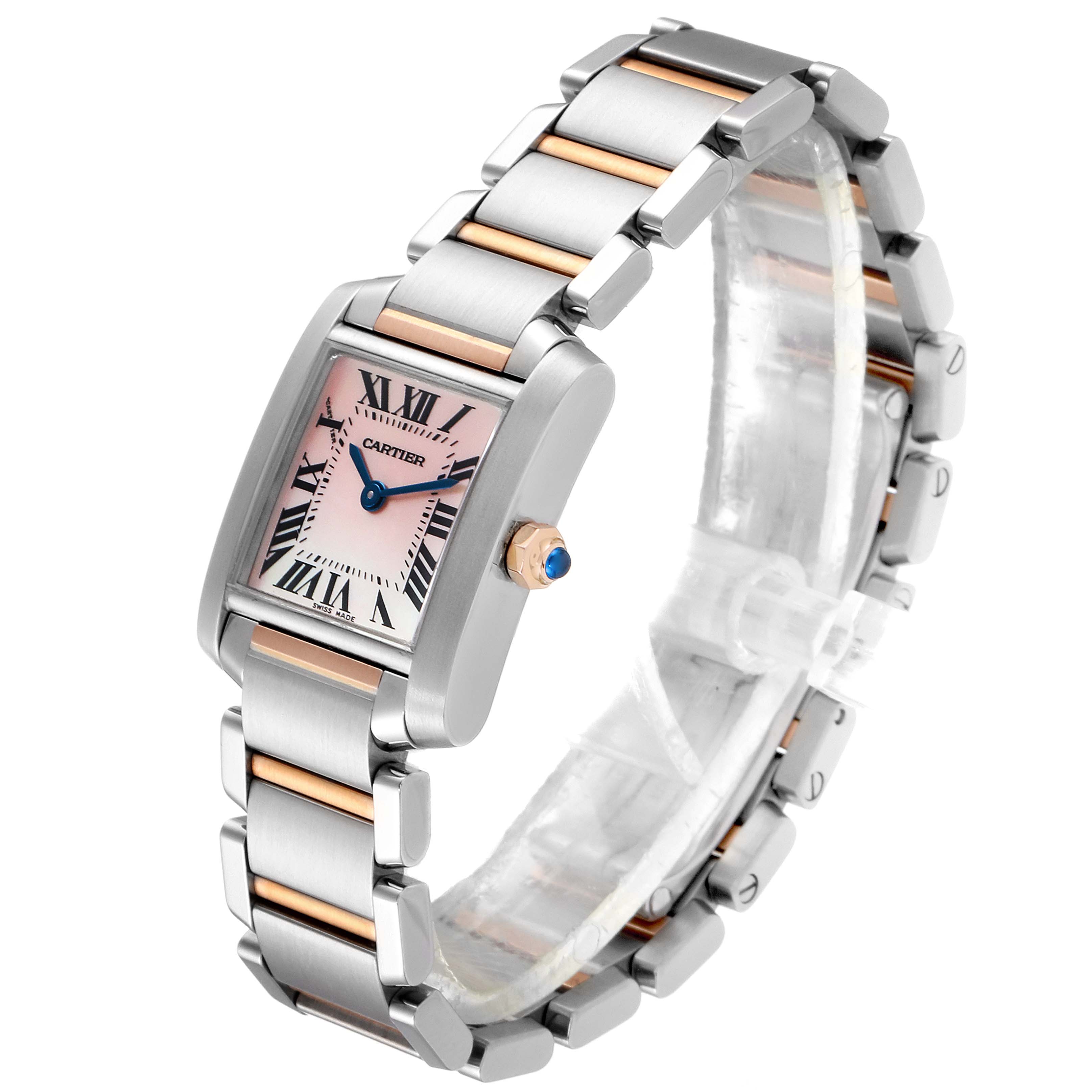 This Cartier Tank Francaise W51027Q4 Women
s Steel and Gold (two tone) Mother of Pearl Dial W51027Q4 Women
s Steel and Gold (two tone) Mother of Pearl Dial watch is angled to show the full bracelet, face, and side crown.