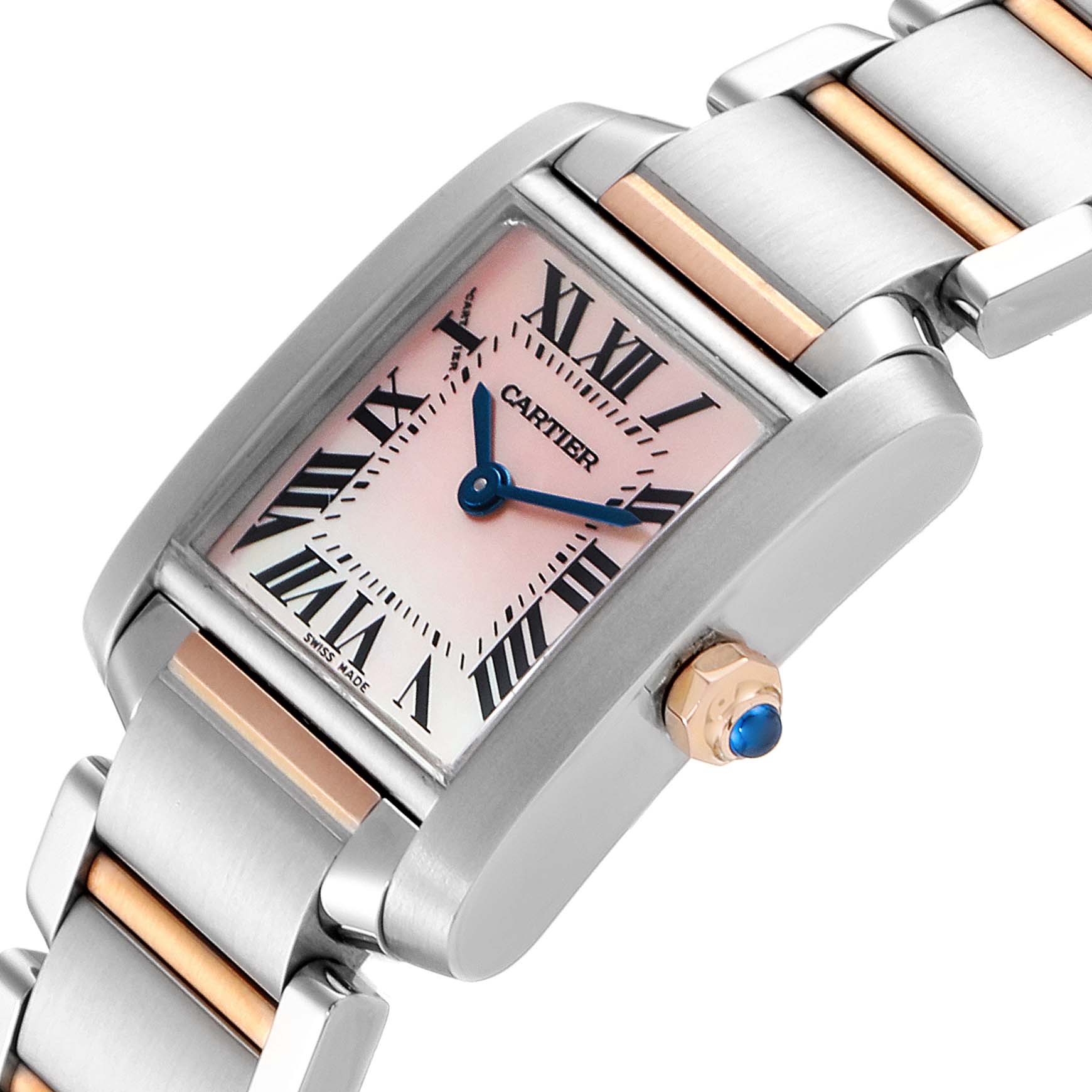 This image shows a side-angle view of the Cartier Tank Francaise W51027Q4 Women
s Steel and Gold (two tone) Mother of Pearl Dial W51027Q4 Women
s Steel and Gold (two tone) Mother of Pearl Dial watch, highlighting the dial, bracelet, and crown.
