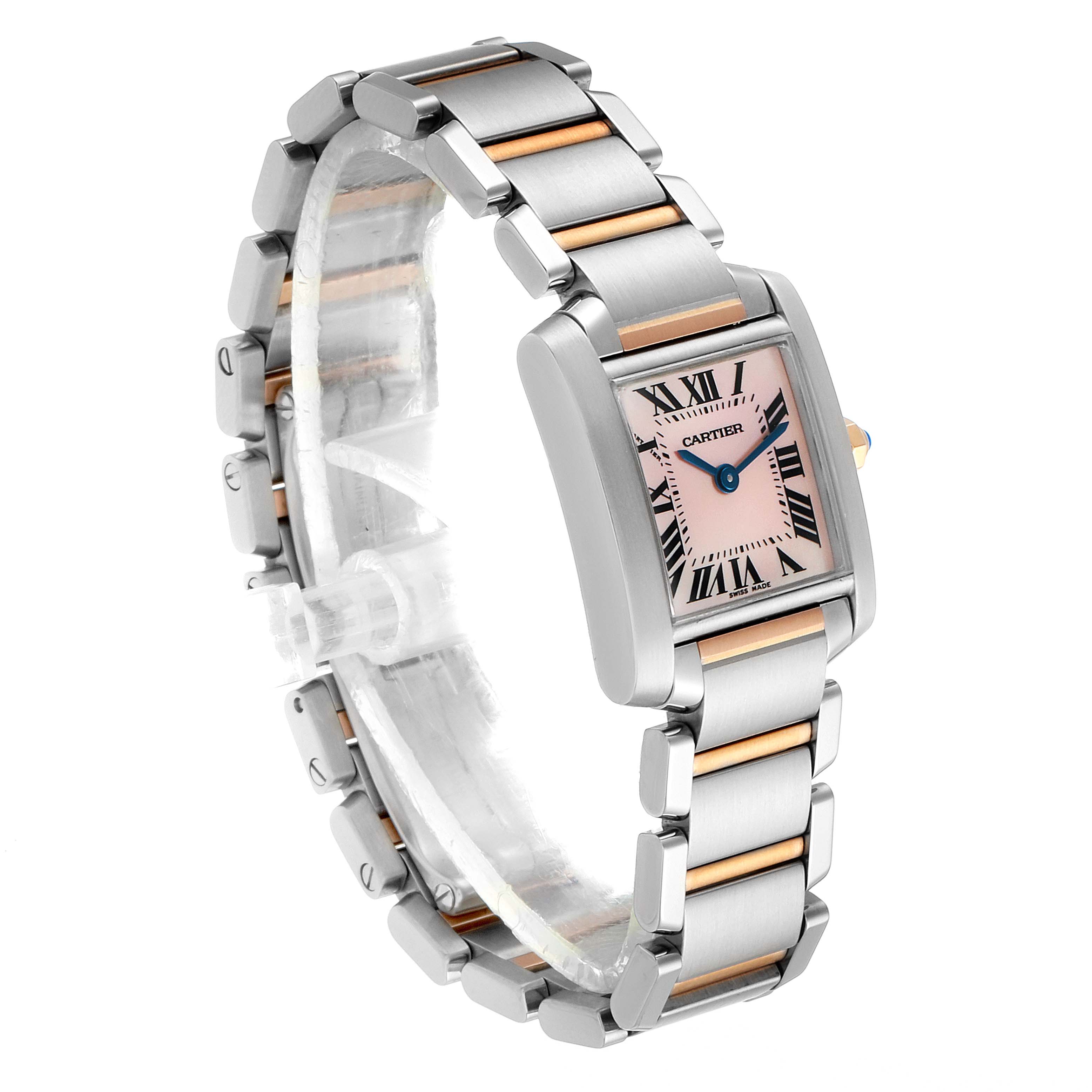 The Cartier Tank Française watch is shown at a three-quarter angle, highlighting its rectangular face and two-tone bracelet.