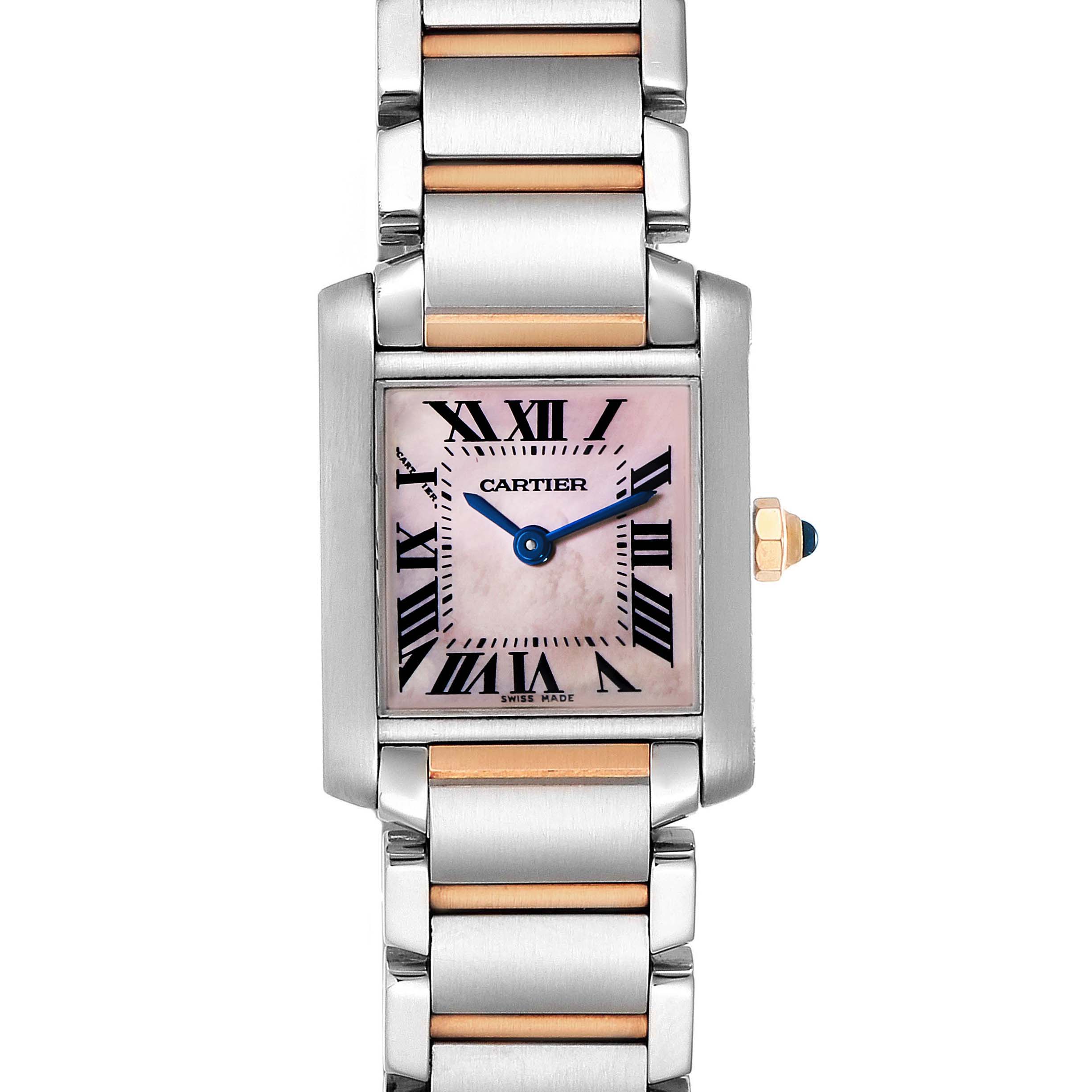 The image shows a frontal view of the Cartier Tank Francaise W51027Q4 Women
s Steel and Gold (two tone) Mother of Pearl Dial W51027Q4 Women
s Steel and Gold (two tone) Mother of Pearl Dial watch, highlighting its face, bracelet, and crown.