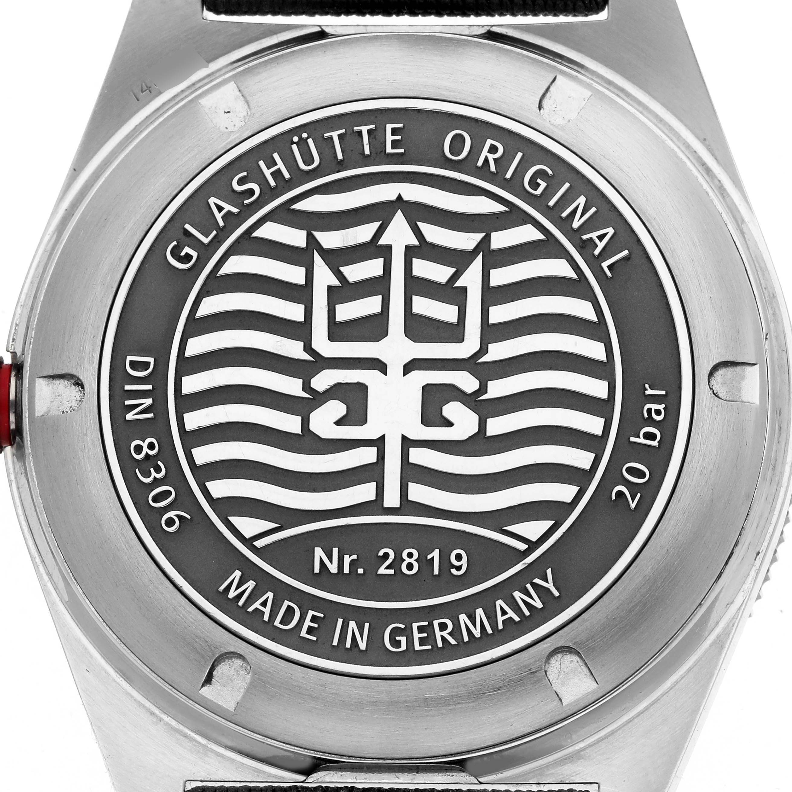 The image shows the back of the Glashütte Original watch with engraving details and branding.