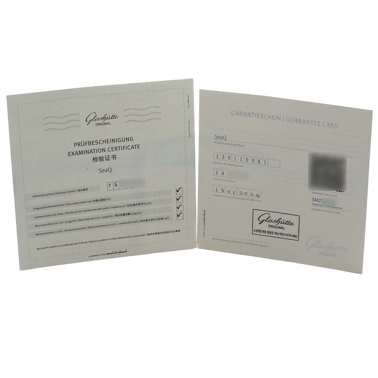The image shows an open examination certificate and guarantee card for the Glashütte Original SeaQ model.