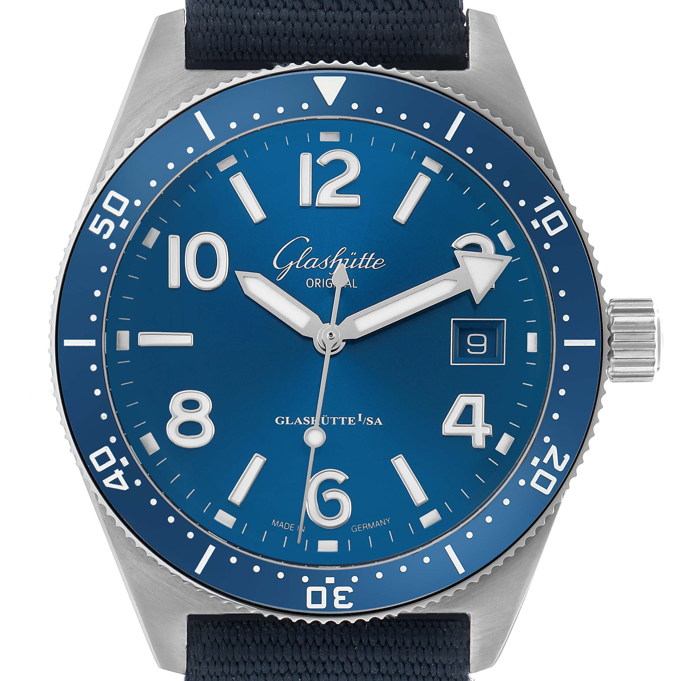 The Glashütte Original model is shown from the front, highlighting the dial, bezel, hands, and crown.