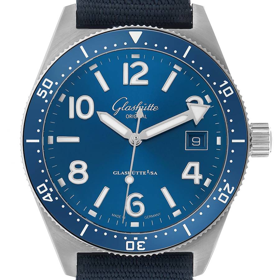 The Glashütte Original model is shown from the front, highlighting the dial, bezel, hands, and crown.