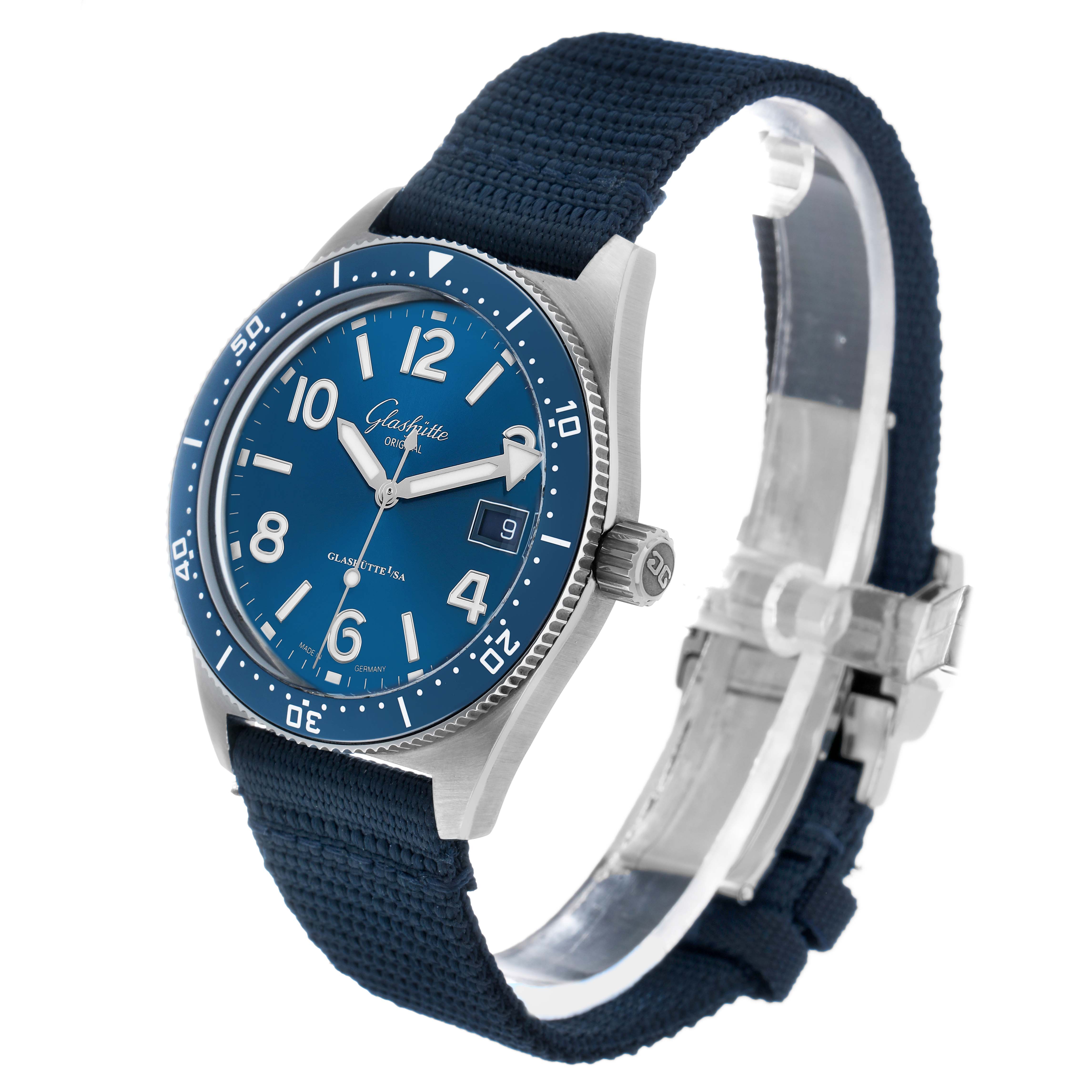 The Glashütte Original watch is shown at a 3/4 angle, featuring the dial, bezel, crown, strap, and a glimpse of the buckle.