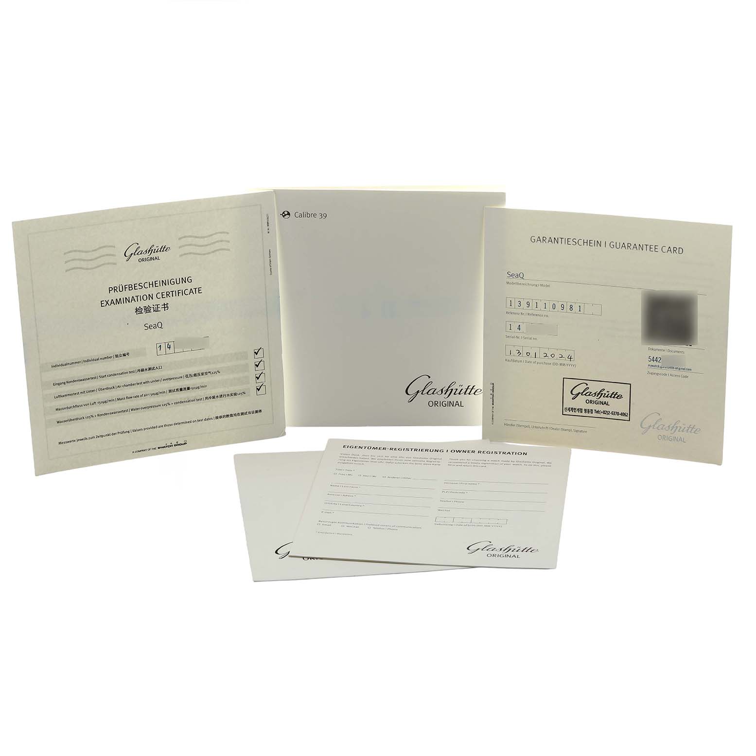 The image shows warranty and registration documents for a Glashutte Original 1-39-11-09-81-34 Men's Stainless Steel Blue Dial watch, placed upright and overlapping.