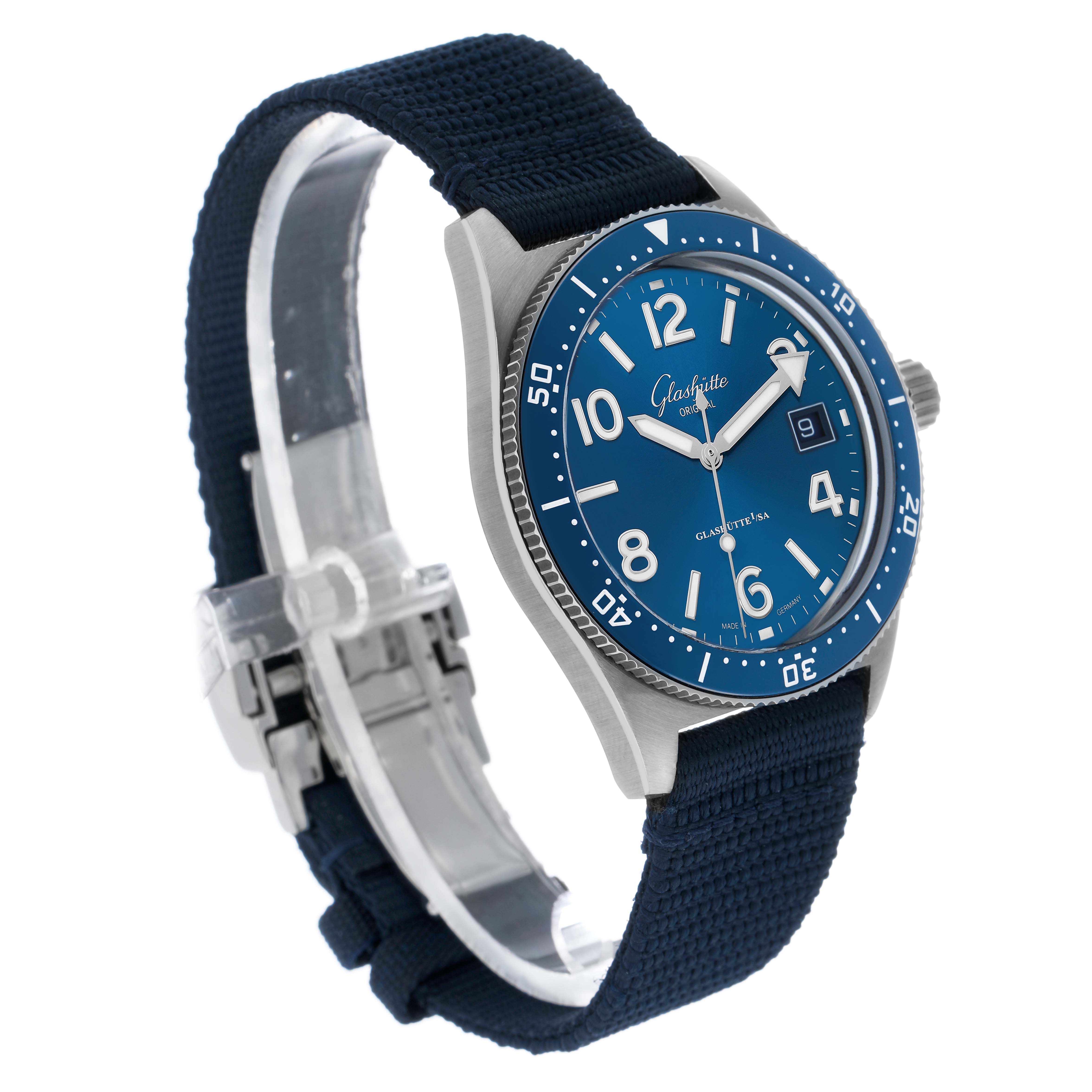 The Glashutte Original 1-39-11-09-81-34 Men's Stainless Steel Blue Dial model is shown at a three-quarter angle, highlighting the face, bezel, and strap.