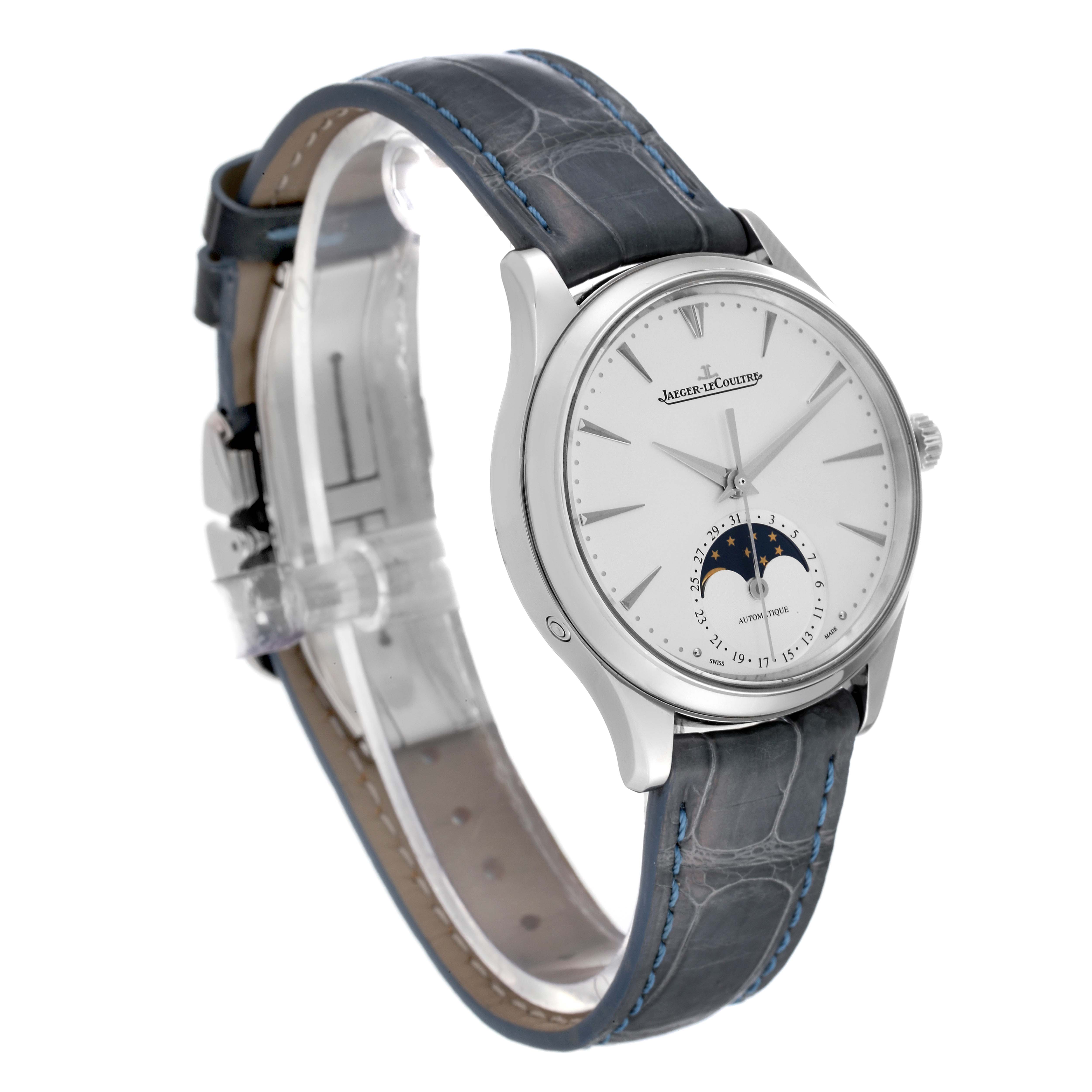 The Jaeger LeCoultre Master Q1258420 Men's Stainless Steel Silver Dial watch is shown at a three-quarter angle, displaying the dial, moon phase, and leather strap.