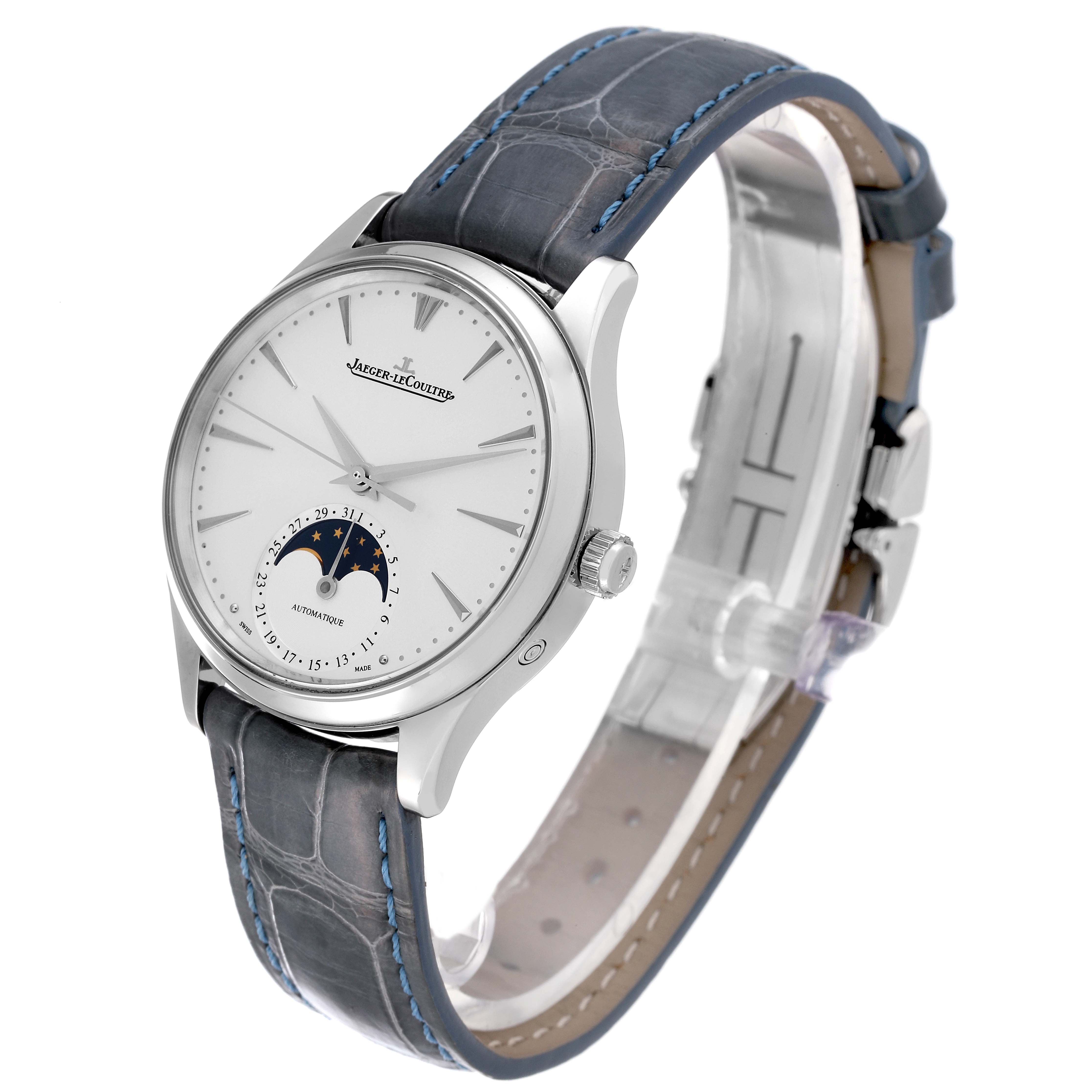 The Jaeger LeCoultre Master Q1258420 Men's Stainless Steel Silver Dial watch is shown at a slight side angle, displaying the dial, moon phase, crown, and leather strap.