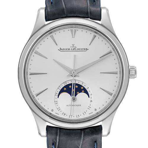 The Jaeger LeCoultre Master Q1258420 Men's Stainless Steel Silver Dial watch is shown from the front, highlighting the face, dial, moon phase, and part of the strap.