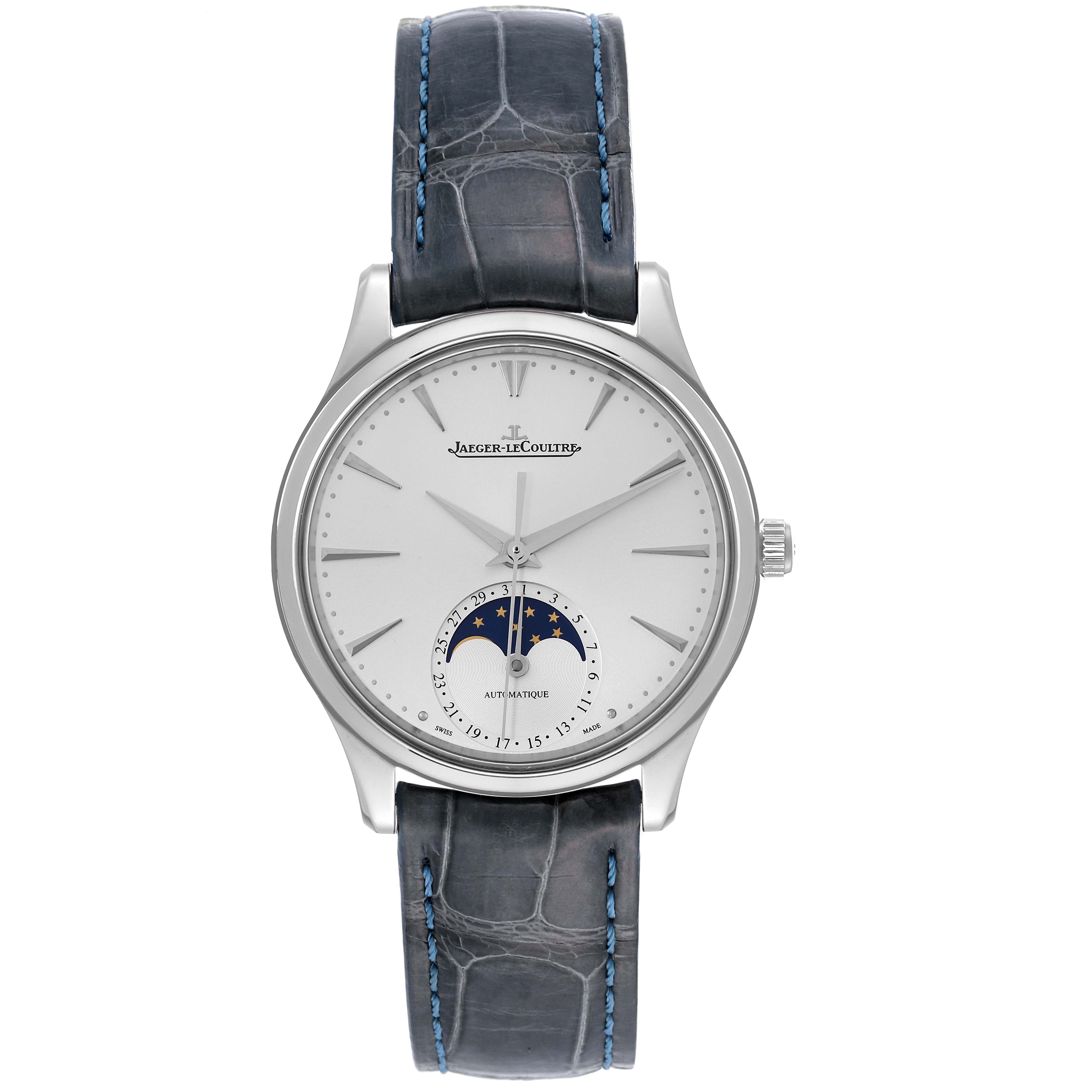 The Jaeger LeCoultre Master Q1258420 Men's Stainless Steel Silver Dial model watch is shown face-on, featuring the dial, hands, moon phase, and a leather strap.