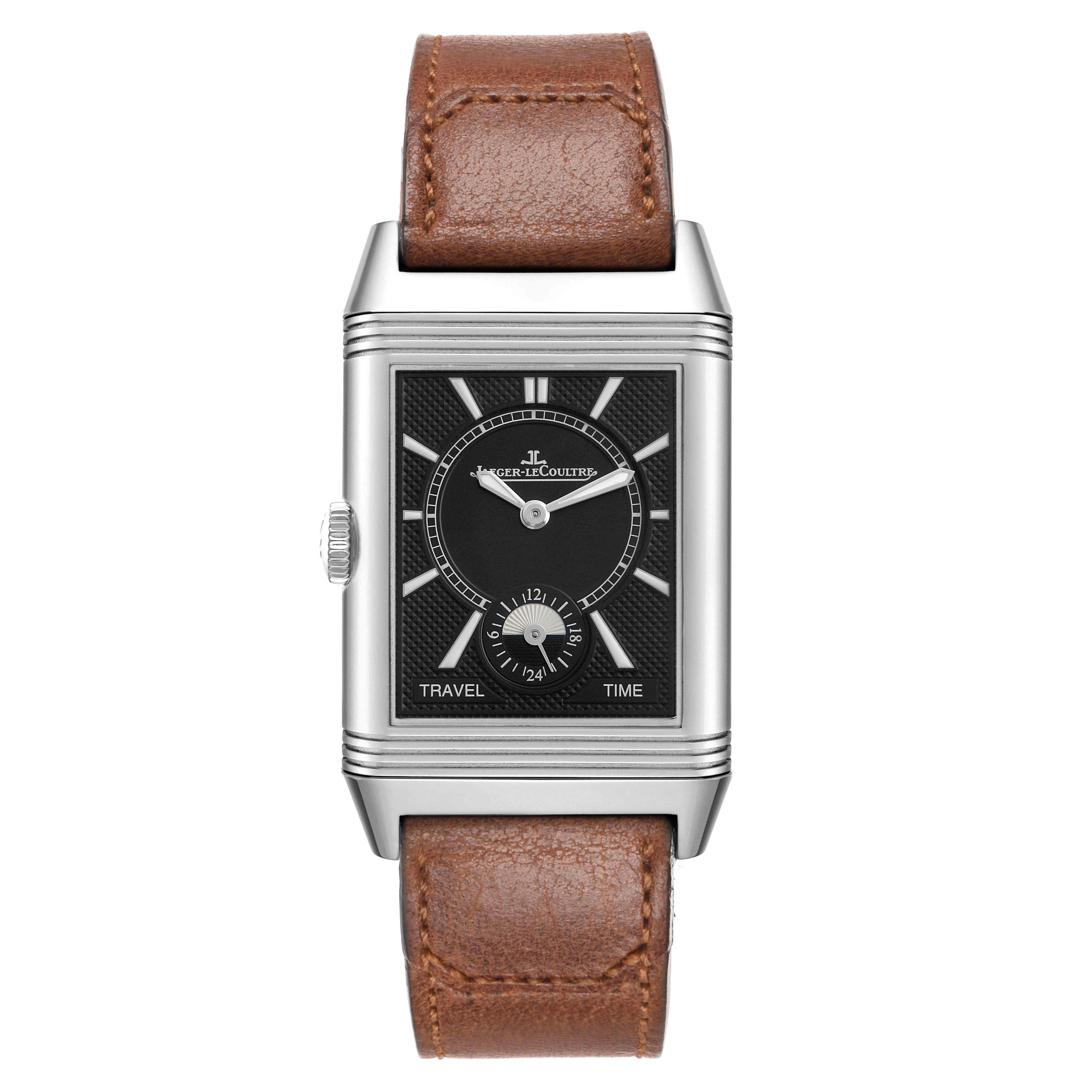 The image shows a front view of the Jaeger-LeCoultre Reverso watch, highlighting the dial and brown leather strap.