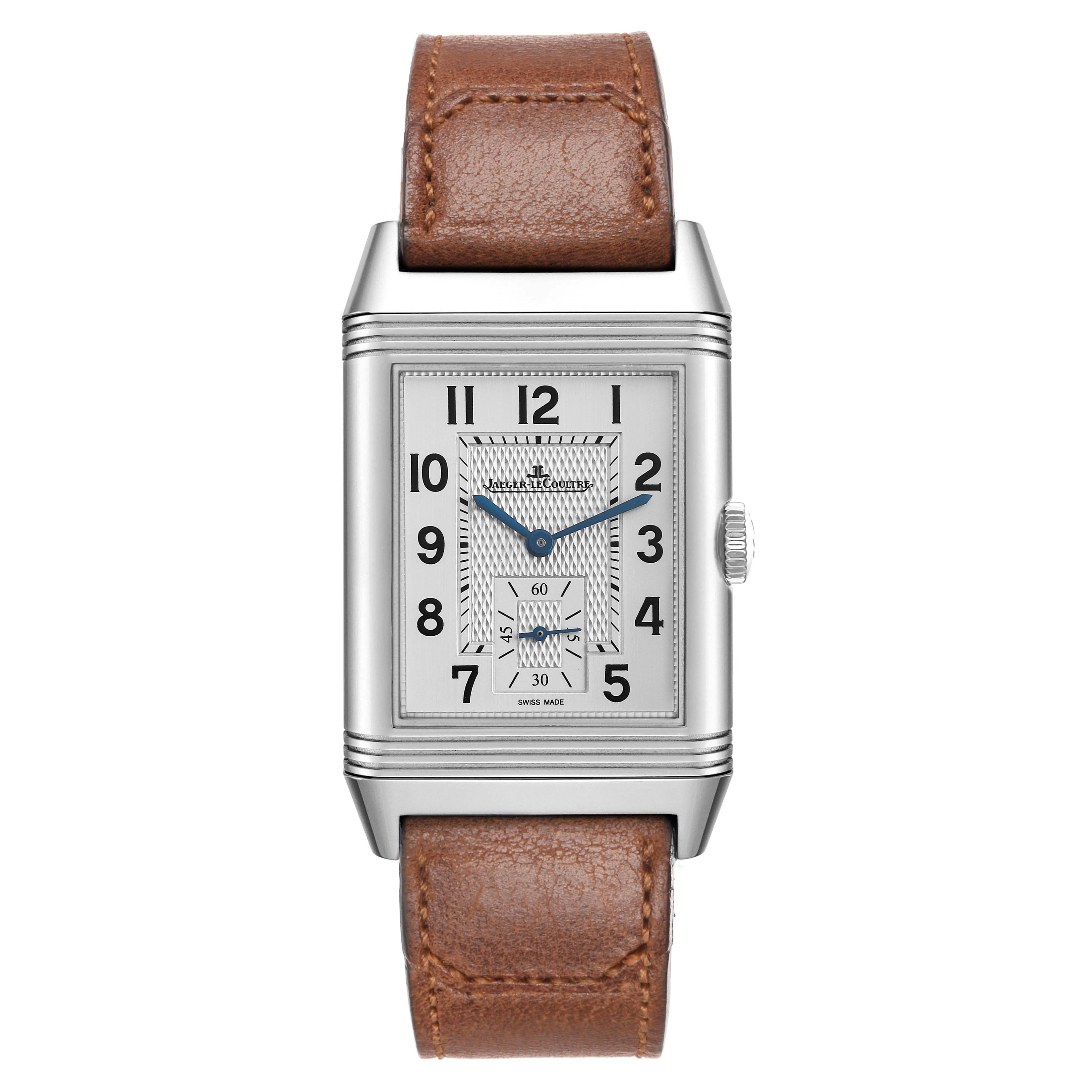 The Jaeger LeCoultre Reverso Q3848422 Men's Stainless Steel Silver Dial watch is shown from the front, highlighting the dial, case, crown, and leather strap.