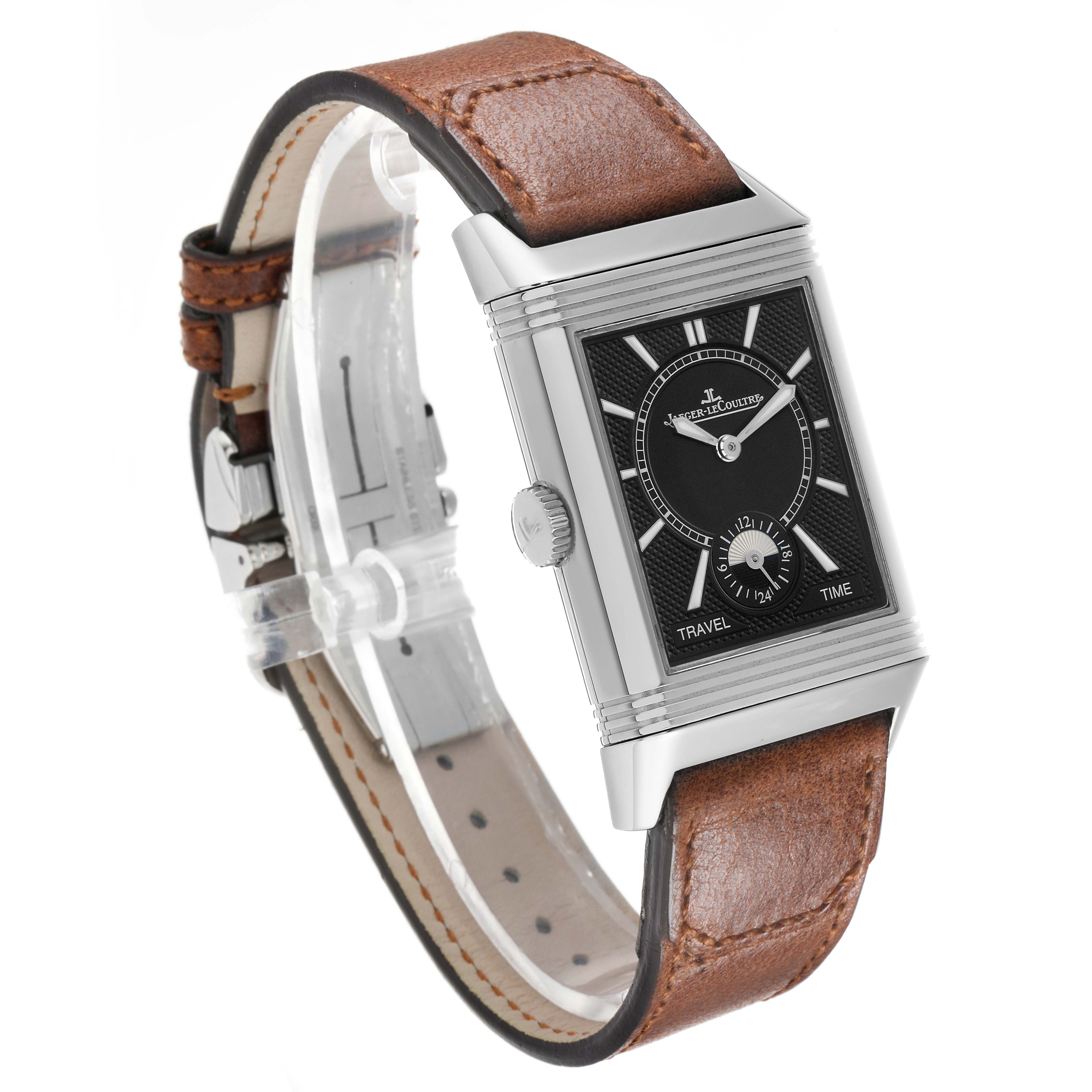 The Jaeger-LeCoultre Reverso watch is shown at a three-quarter angle displaying the dial, case, crown, and leather strap.
