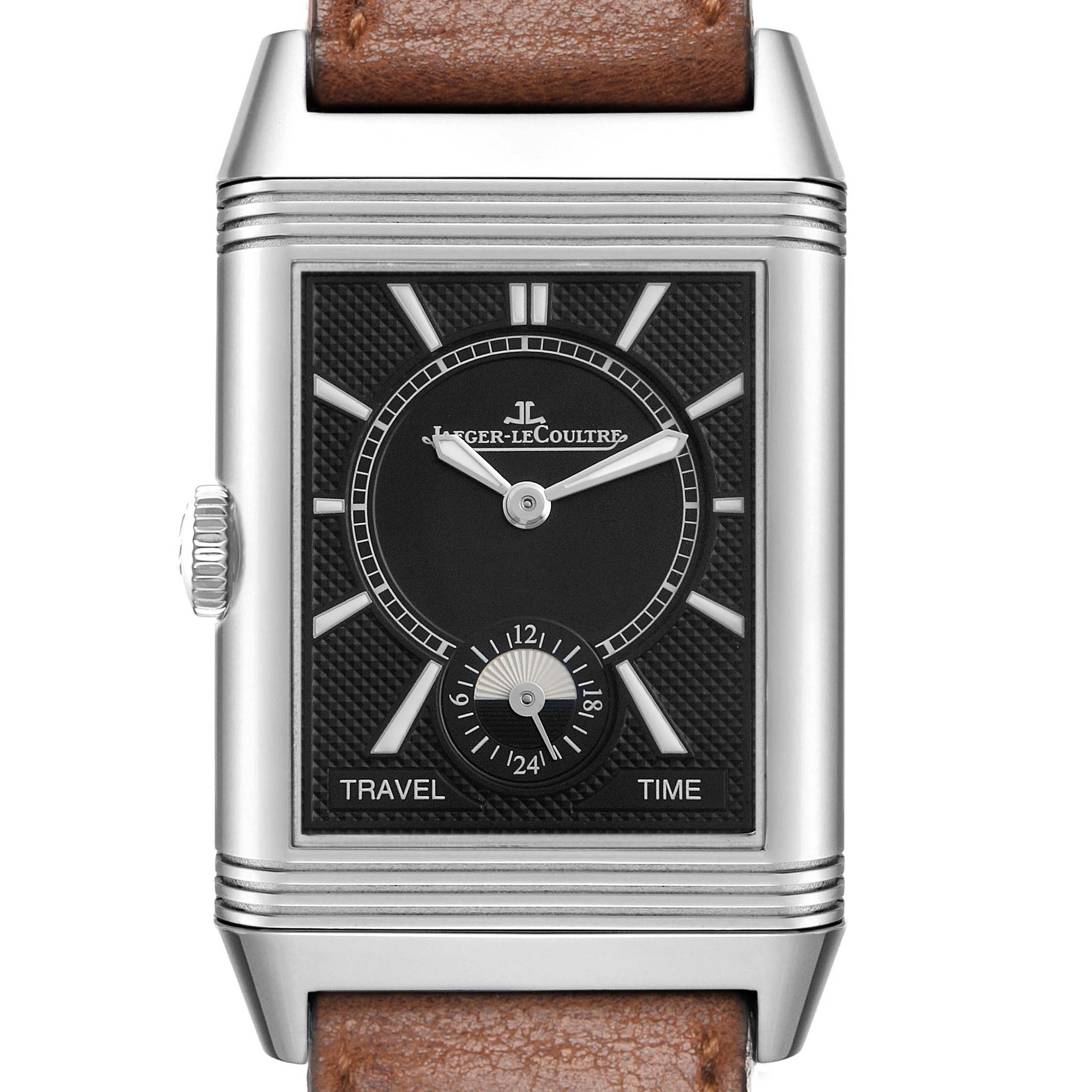 The Jaeger-LeCoultre Reverso watch is shown from the front, displaying the dial, case, crown, and part of the leather strap.