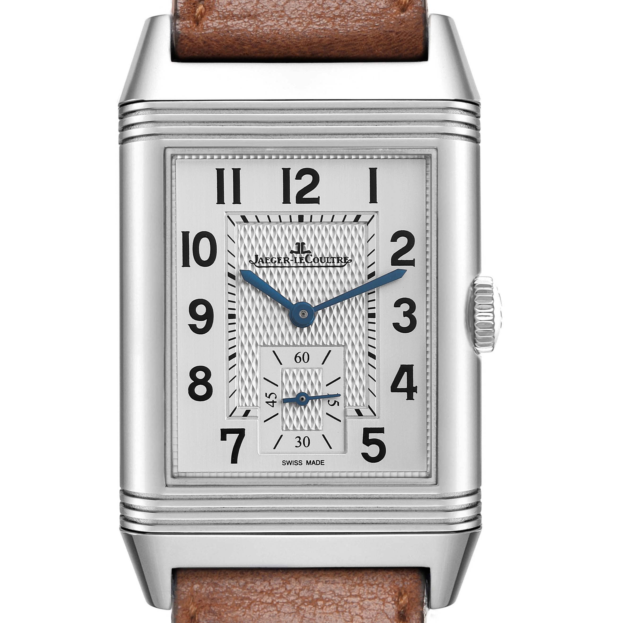 The image shows a front view of a Jaeger LeCoultre Reverso Q3848422 Men's Stainless Steel Silver Dial watch, highlighting the dial, case, and a portion of the strap.