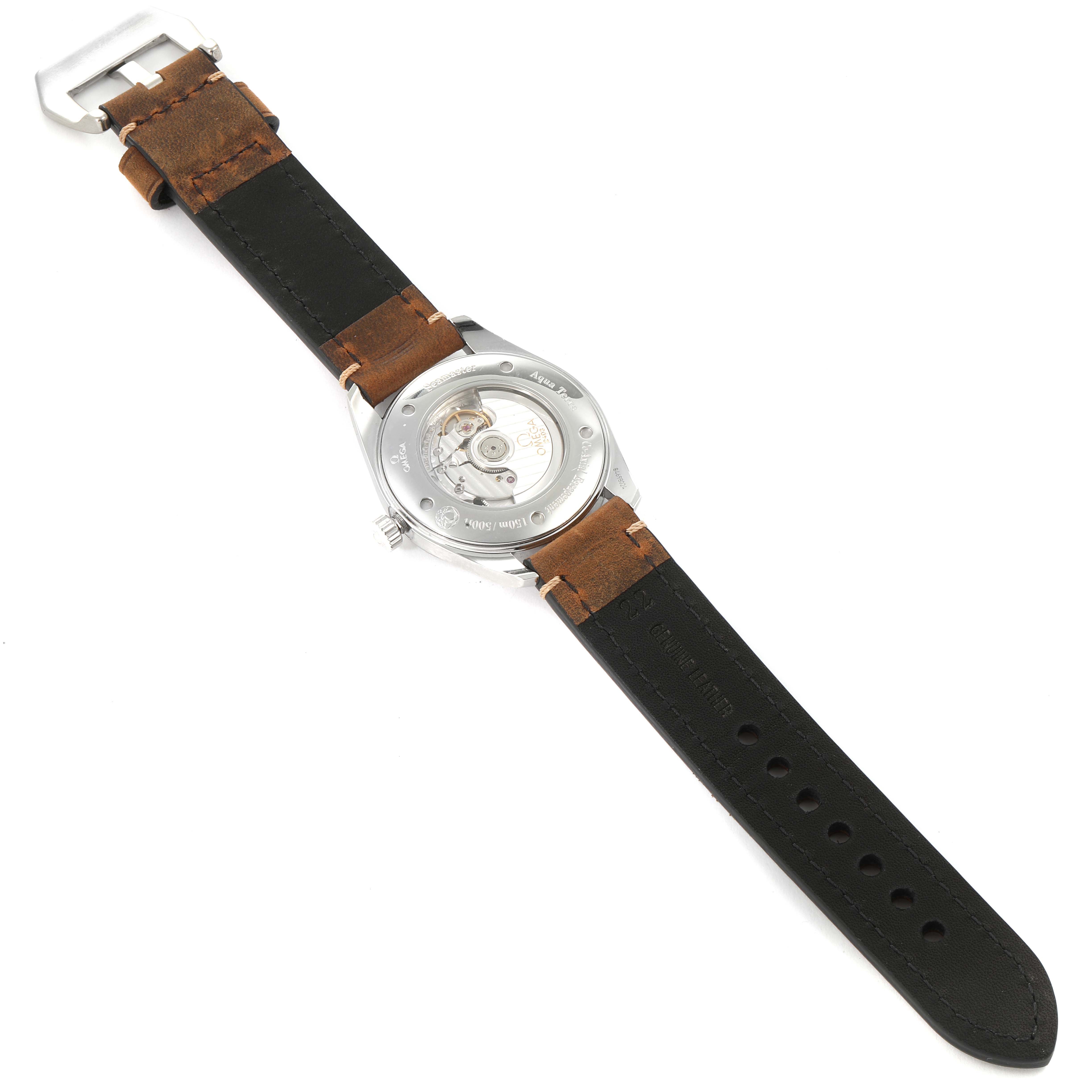 This image shows the back view of the Omega Aqua Terra 2502.52.00 Men's Stainless Steel Black Dial 2502.52.00 Men's Stainless Steel Black Dial watch, featuring the transparent case back and leather strap.