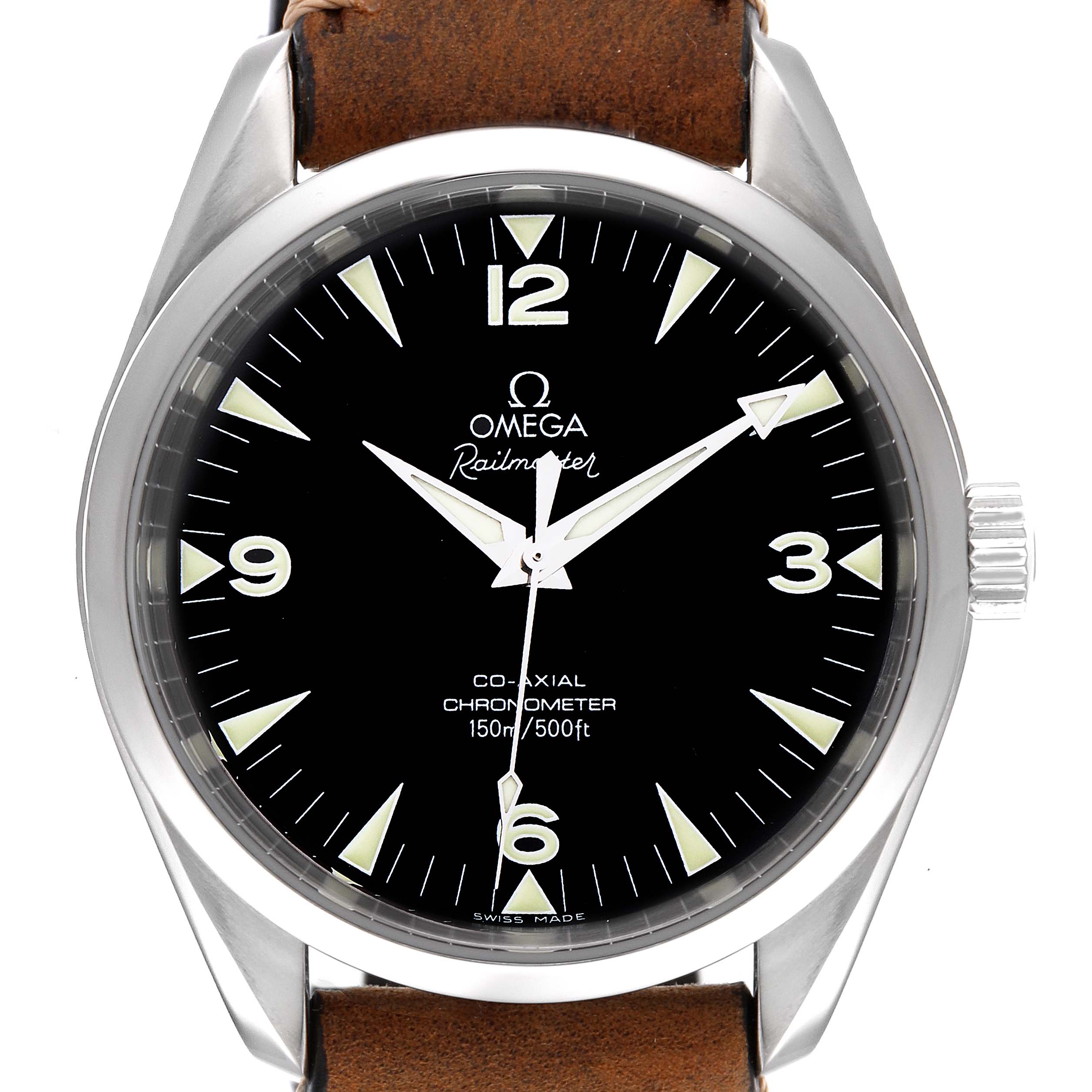 The image shows a frontal view of the Omega Aqua Terra 2502.52.00 Men's Stainless Steel Black Dial 2502.52.00 Men's Stainless Steel Black Dial Railmaster watch, highlighting its dial, hands, and bezel.