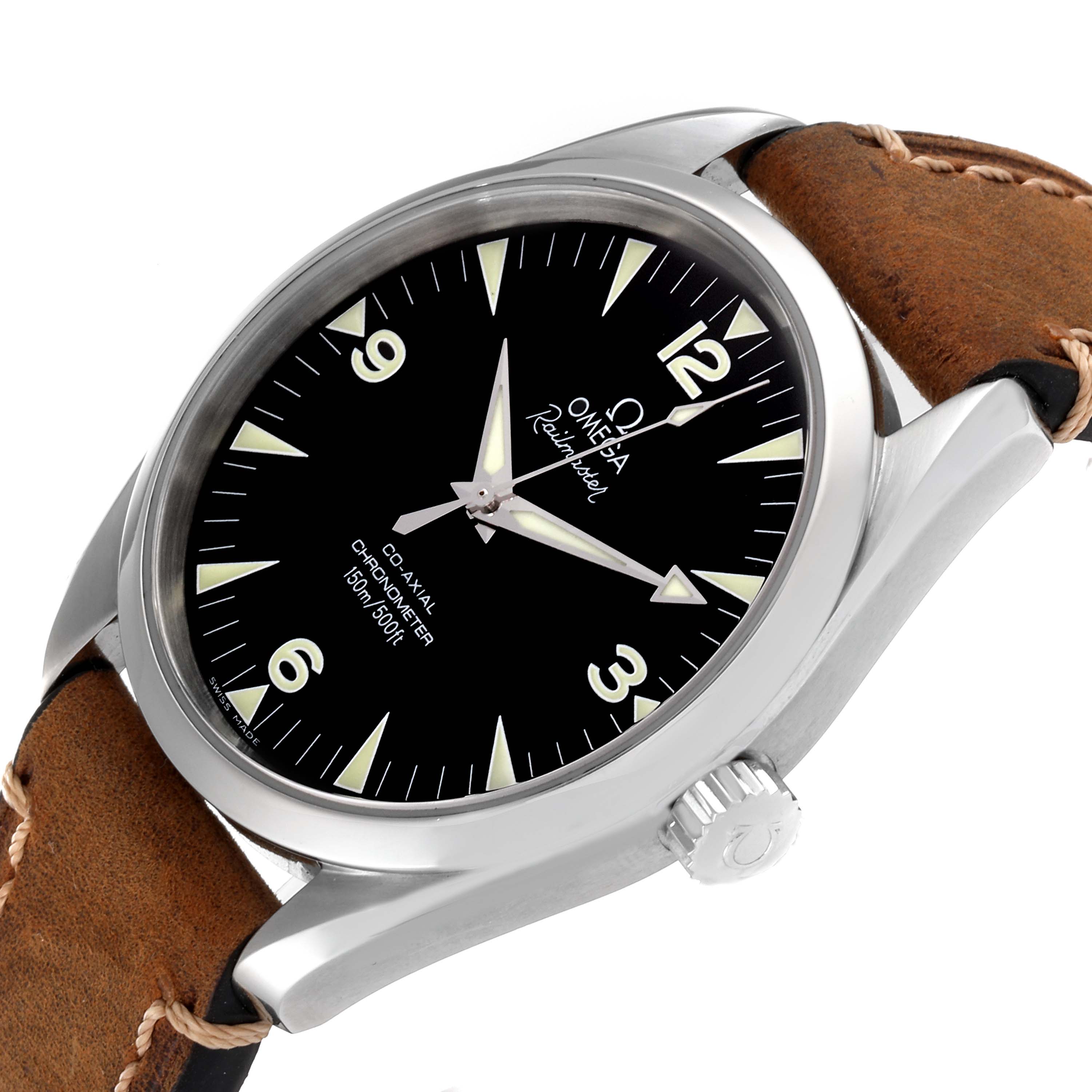 The image shows an angled side view of the Omega Aqua Terra 2502.52.00 Men's Stainless Steel Black Dial 2502.52.00 Men's Stainless Steel Black Dial watch, highlighting its dial, bezel, crown, and leather strap.