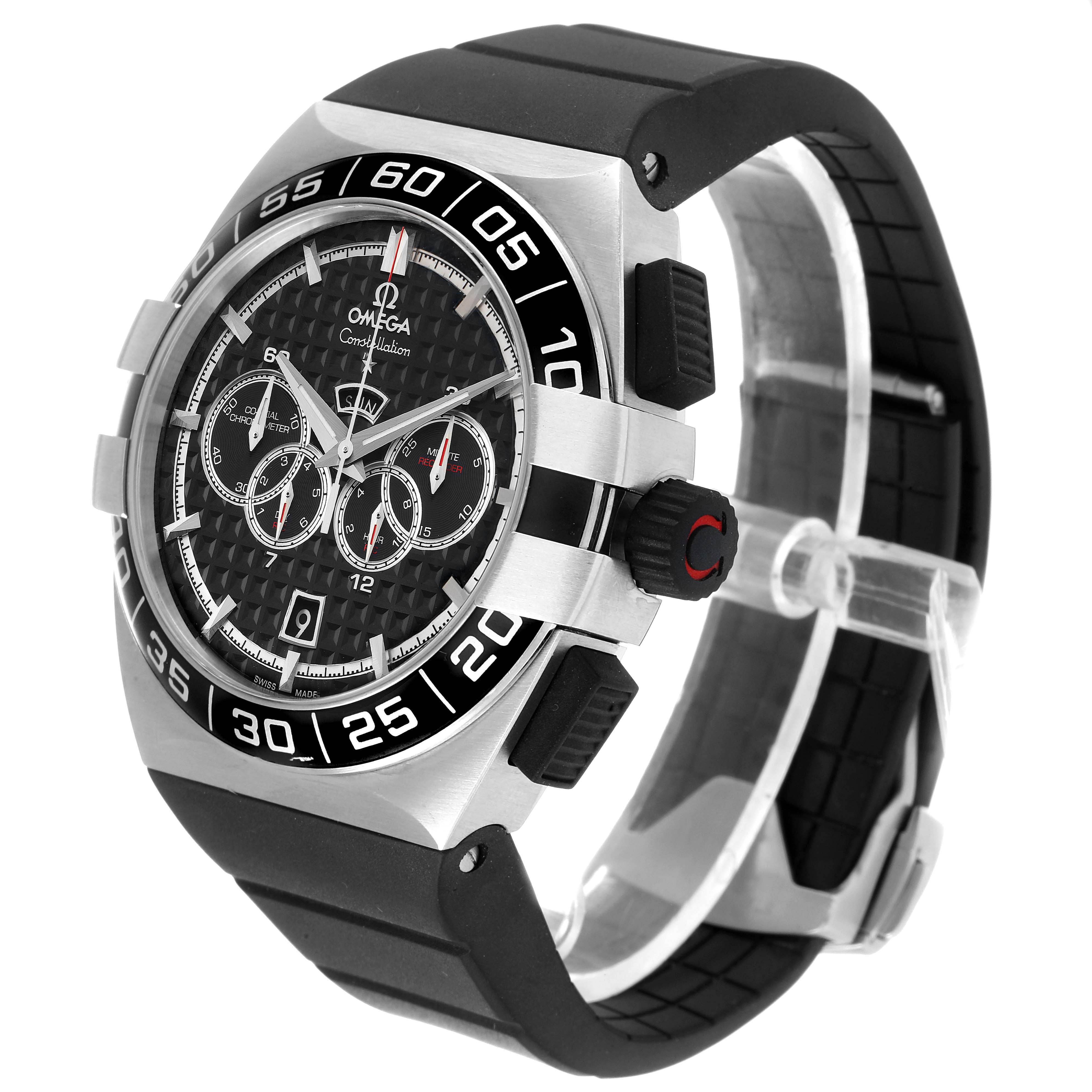 The image shows an Omega Constellation 121.32.44.52.01.001 Men's Stainless Steel Black Dial 121.32.44.52.01.001 Men's Stainless Steel Black Dial watch from a three-quarter angle, highlighting the case, bezel, dial, and strap.