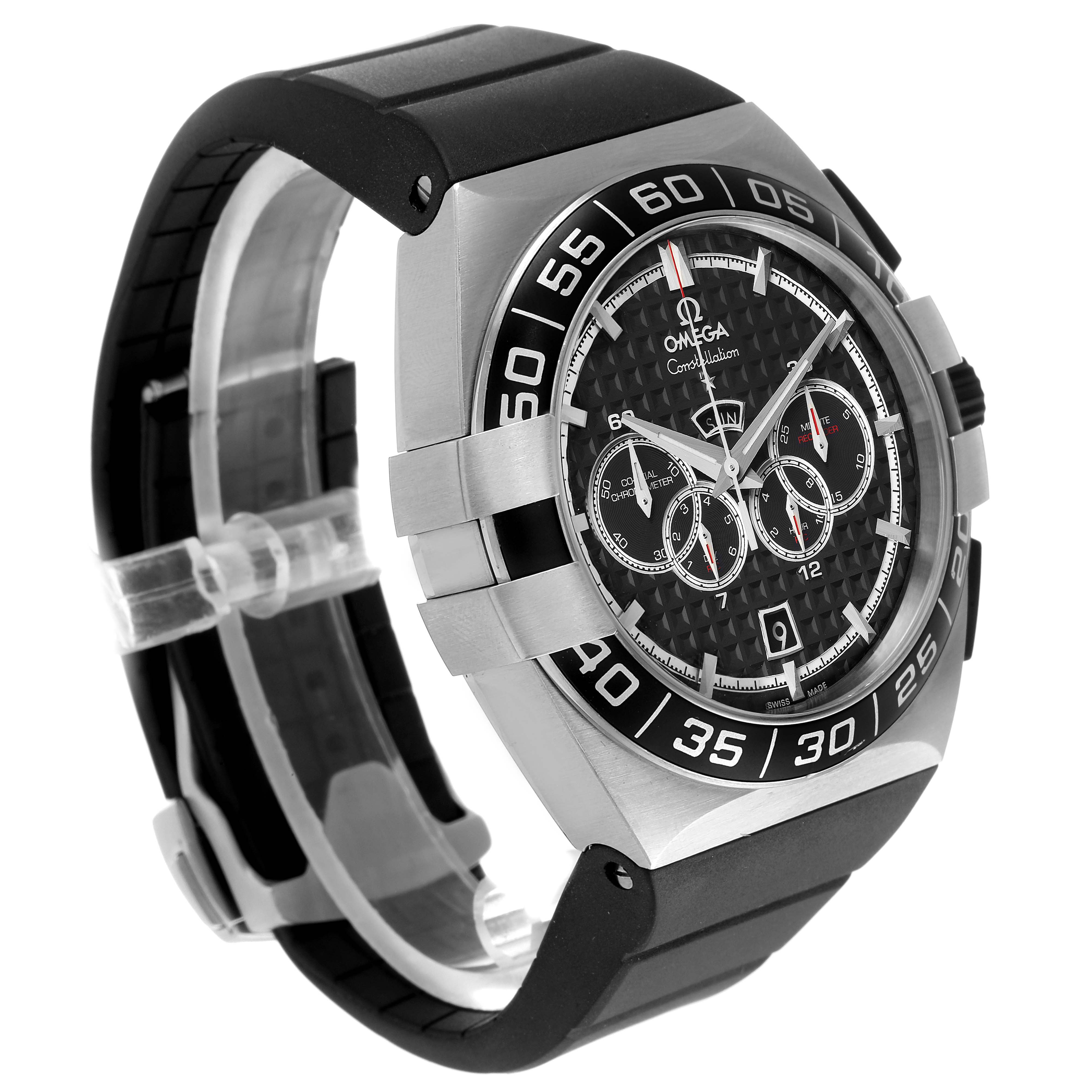 The image shows a side angle view of the Omega Constellation 121.32.44.52.01.001 Men's Stainless Steel Black Dial 121.32.44.52.01.001 Men's Stainless Steel Black Dial watch, highlighting the dial, bezel, case, and a portion of the strap.