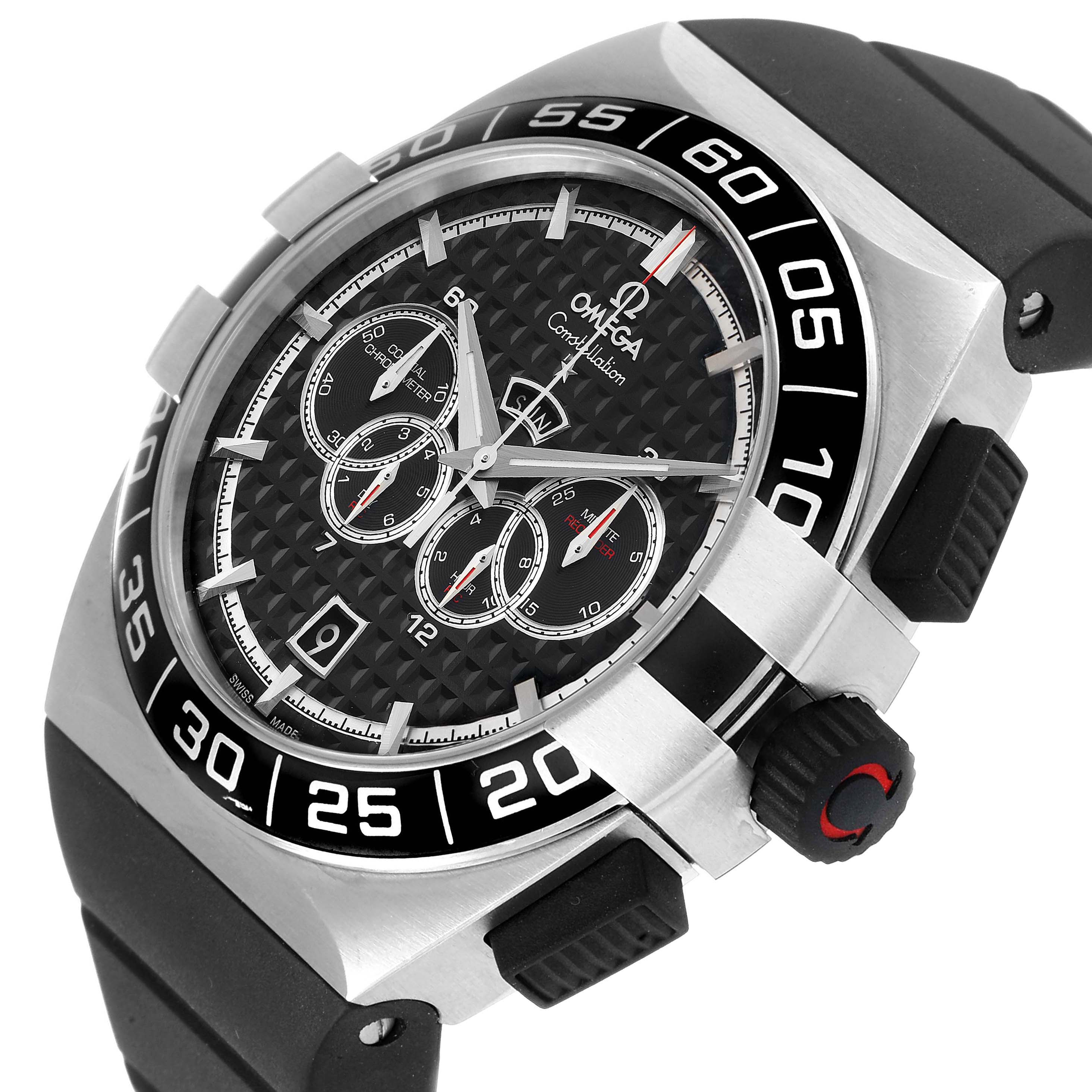 The Omega Constellation 121.32.44.52.01.001 Men's Stainless Steel Black Dial 121.32.44.52.01.001 Men's Stainless Steel Black Dial watch is shown at a slight top-right angle, highlighting the face, bezel, and part of the strap.
