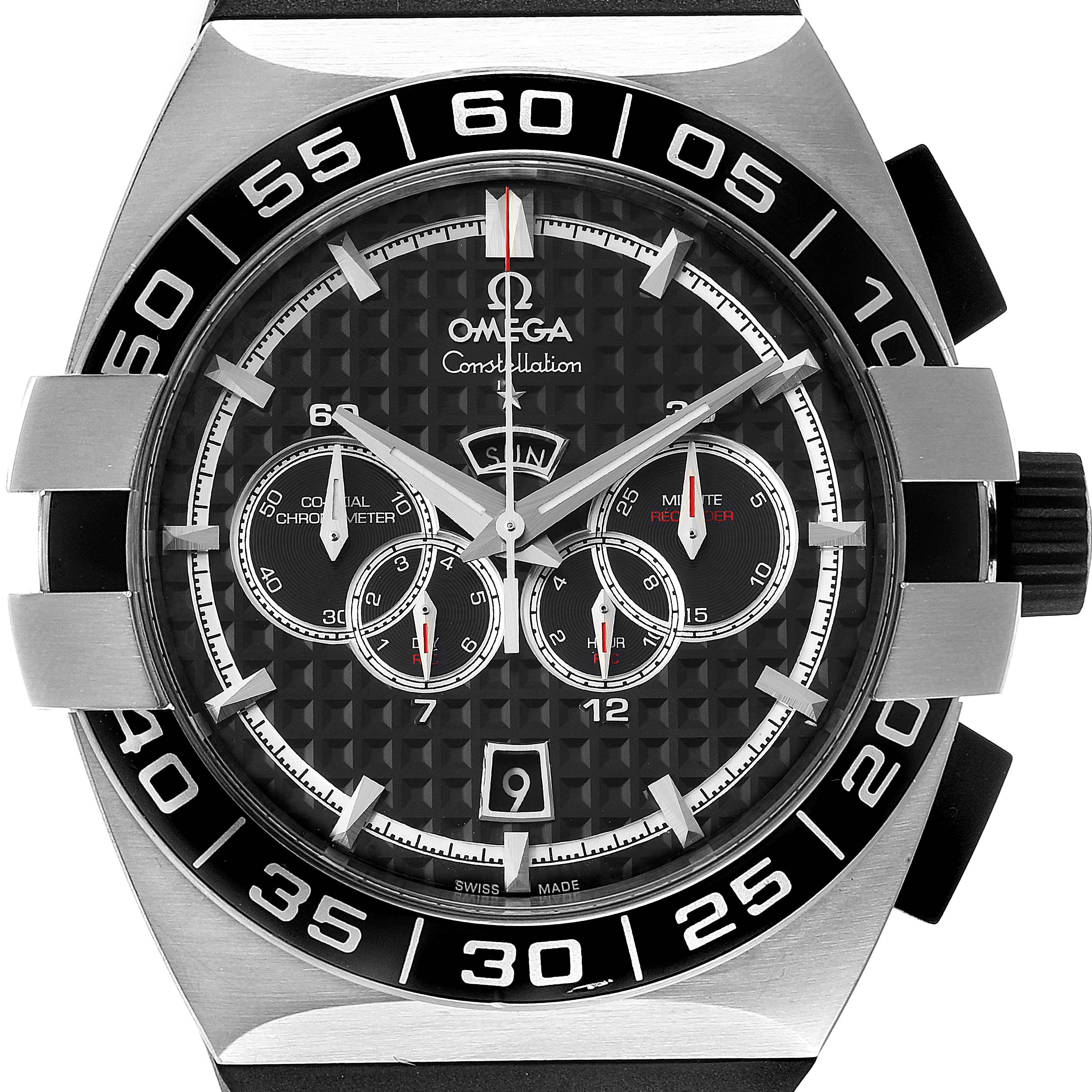 The image shows a close-up of the Omega Constellation 121.32.44.52.01.001 Men's Stainless Steel Black Dial 121.32.44.52.01.001 Men's Stainless Steel Black Dial watch face, highlighting its chronograph subdials and textured design.