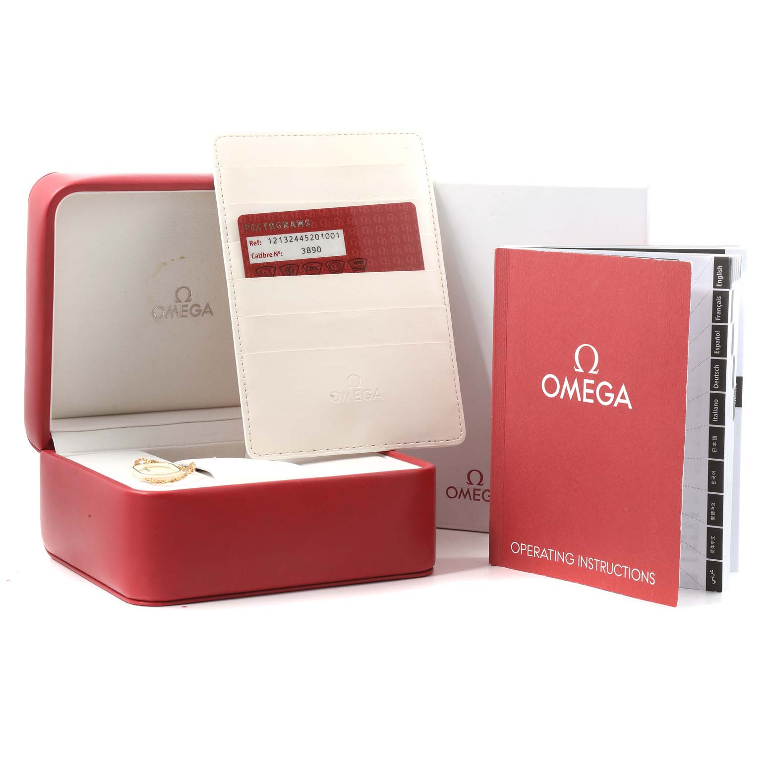 The image shows an Omega Constellation 121.32.44.52.01.001 Men's Stainless Steel Black Dial 121.32.44.52.01.001 Men's Stainless Steel Black Dial watch with its box, warranty card, and operating instructions.