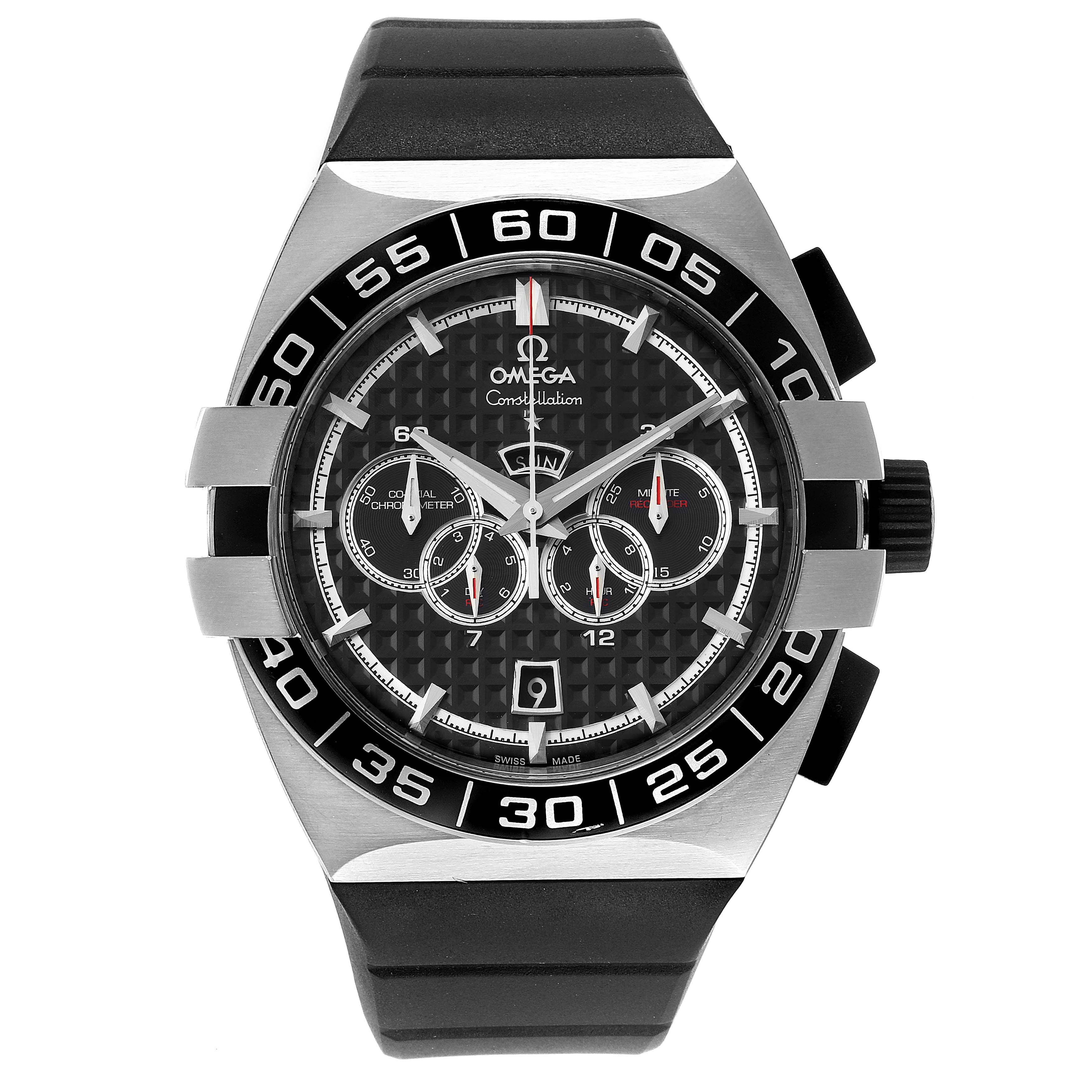 The image displays a frontal view of an Omega Constellation 121.32.44.52.01.001 Men's Stainless Steel Black Dial 121.32.44.52.01.001 Men's Stainless Steel Black Dial watch, showing the dial, bezel, and chronograph subdials.