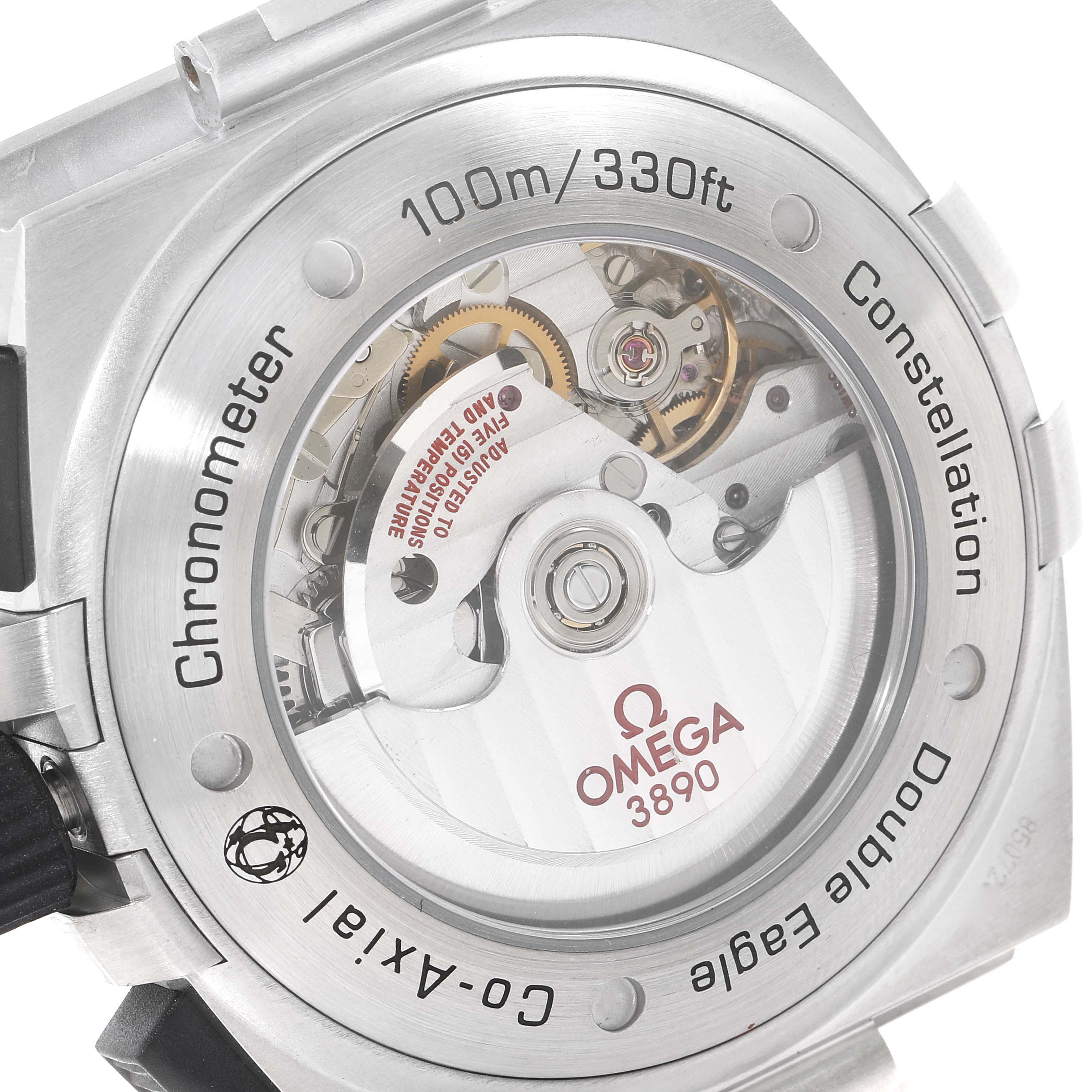 This image shows the back view of an Omega Constellation 121.32.44.52.01.001 Men's Stainless Steel Black Dial 121.32.44.52.01.001 Men's Stainless Steel Black Dial watch, revealing the inner mechanical components.