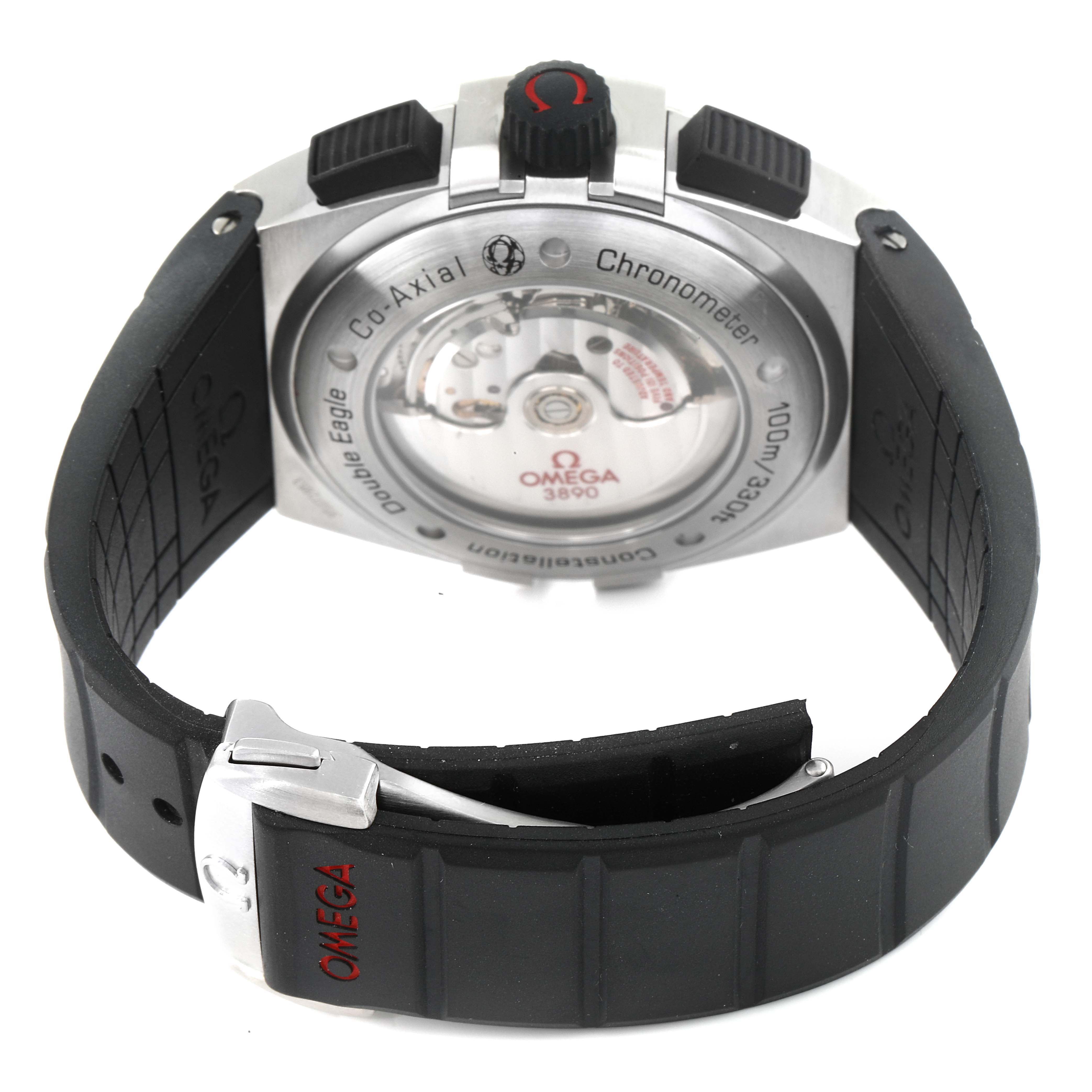 The image shows the back view of an Omega Constellation 121.32.44.52.01.001 Men's Stainless Steel Black Dial 121.32.44.52.01.001 Men's Stainless Steel Black Dial model watch, highlighting the movement and strap.