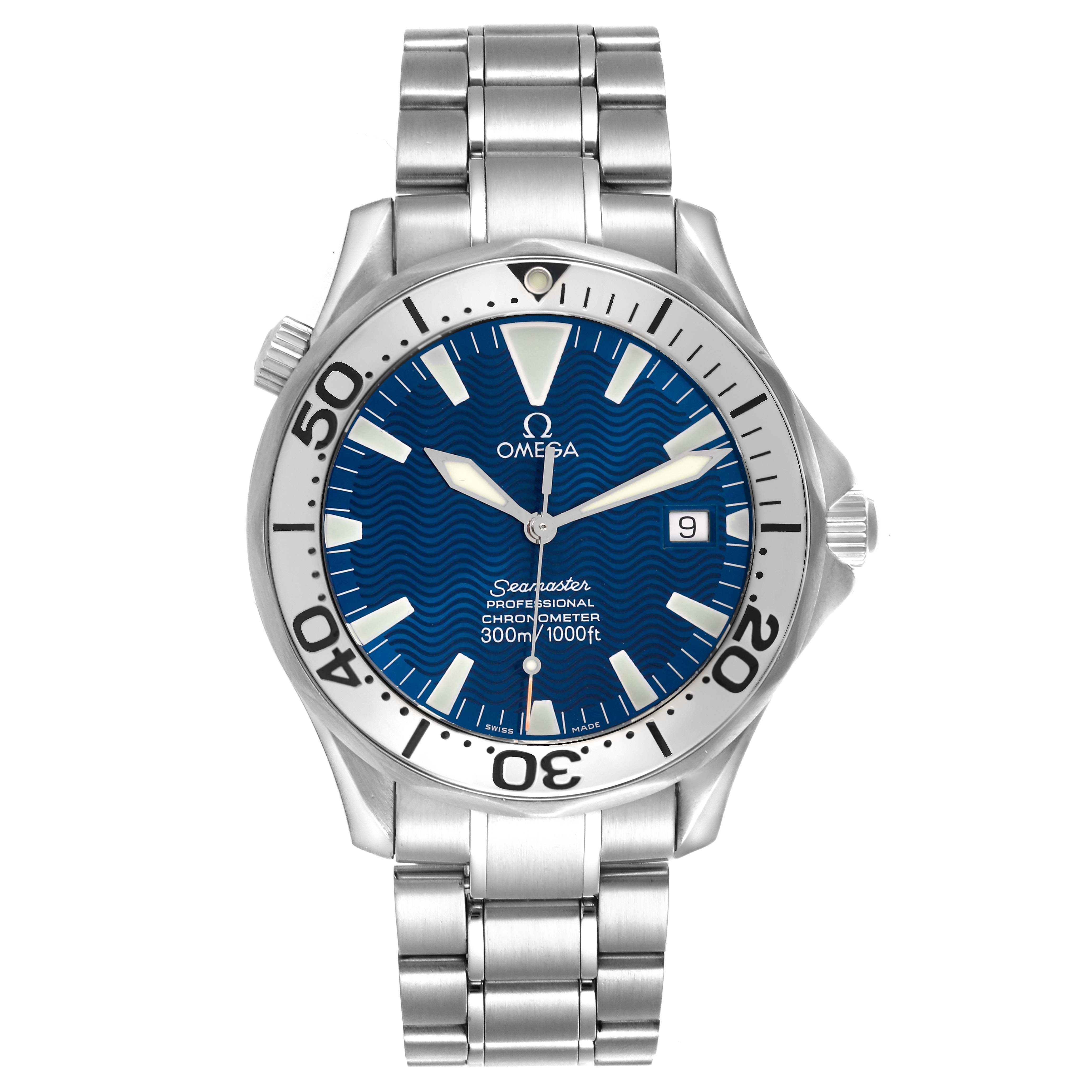 The Omega Seamaster 2255.80.00 Men
s Stainless Steel Blue Dial 2255.80.00 Men
s Stainless Steel Blue Dial watch is shown from the front, highlighting the blue dial, bezel, bracelet, and crown.