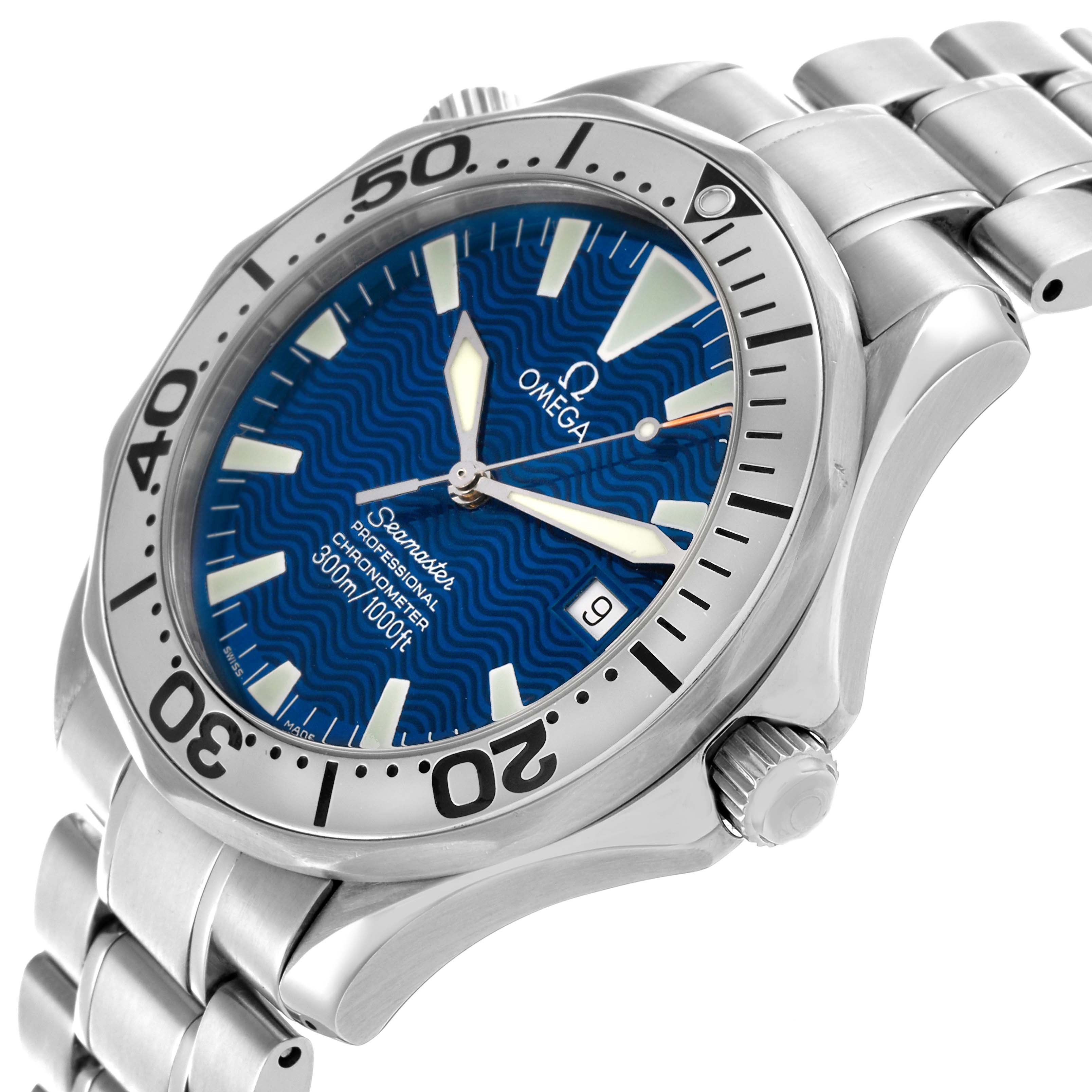 The Omega Seamaster 2255.80.00 Men
s Stainless Steel Blue Dial 2255.80.00 Men
s Stainless Steel Blue Dial watch is shown at a slight angle, highlighting the blue dial, bezel, crown, and stainless steel bracelet.