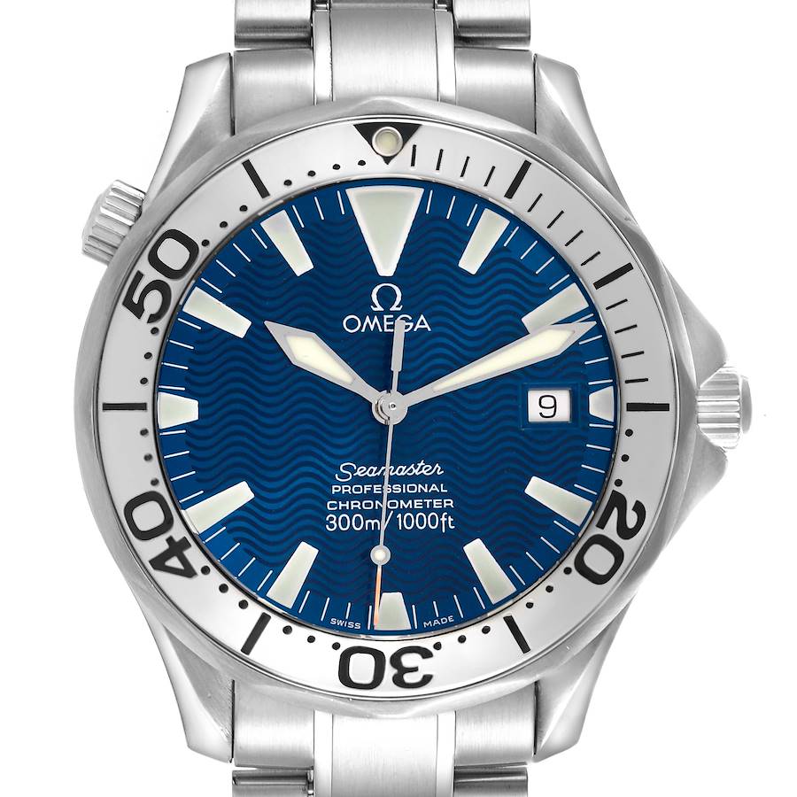 The Omega Seamaster watch is shown from the front, displaying its blue dial, bezel, and stainless steel bracelet.