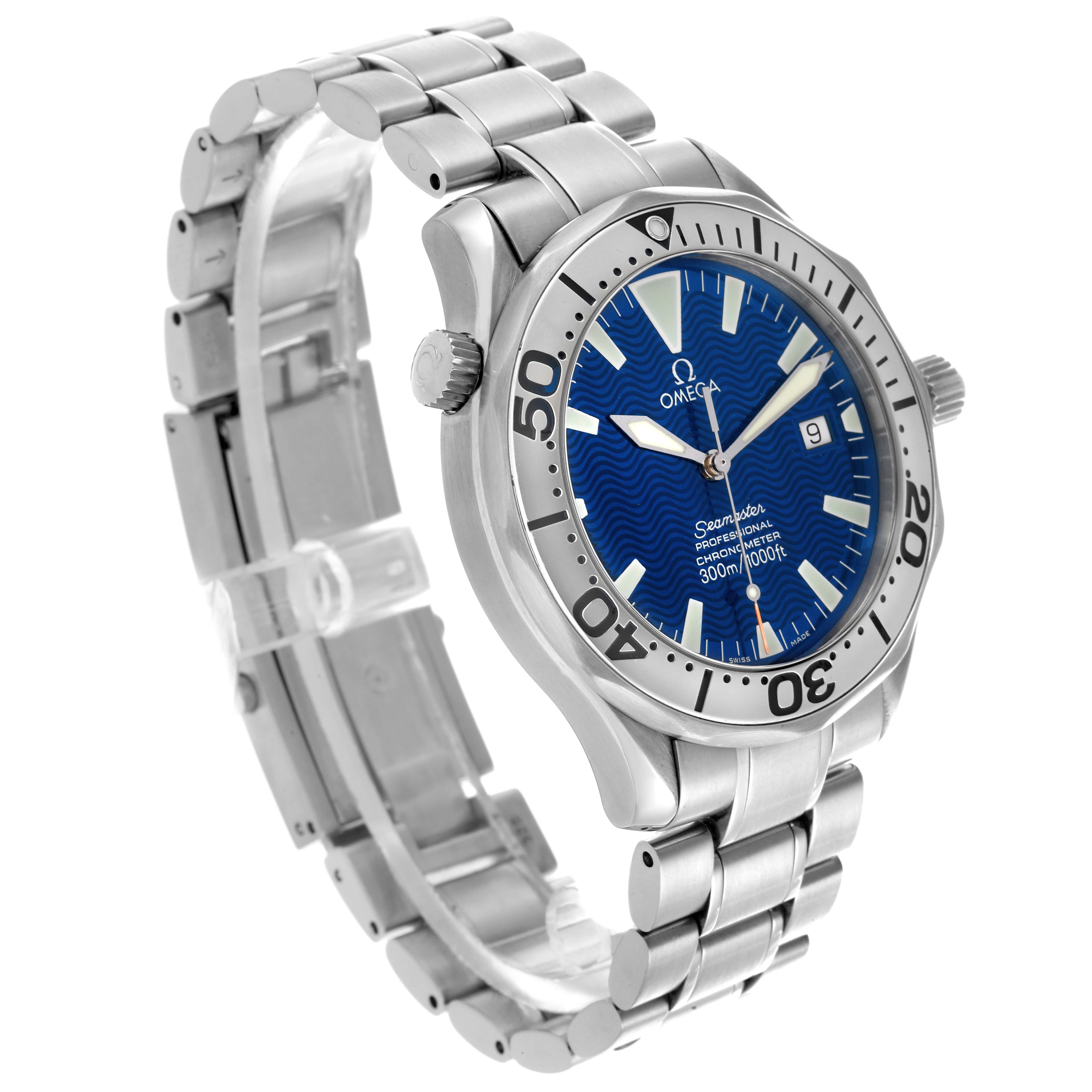 The Omega Seamaster 2255.80.00 Men
s Stainless Steel Blue Dial 2255.80.00 Men
s Stainless Steel Blue Dial watch is shown from a three-quarter angle, highlighting its bracelet, bezel, and blue dial.