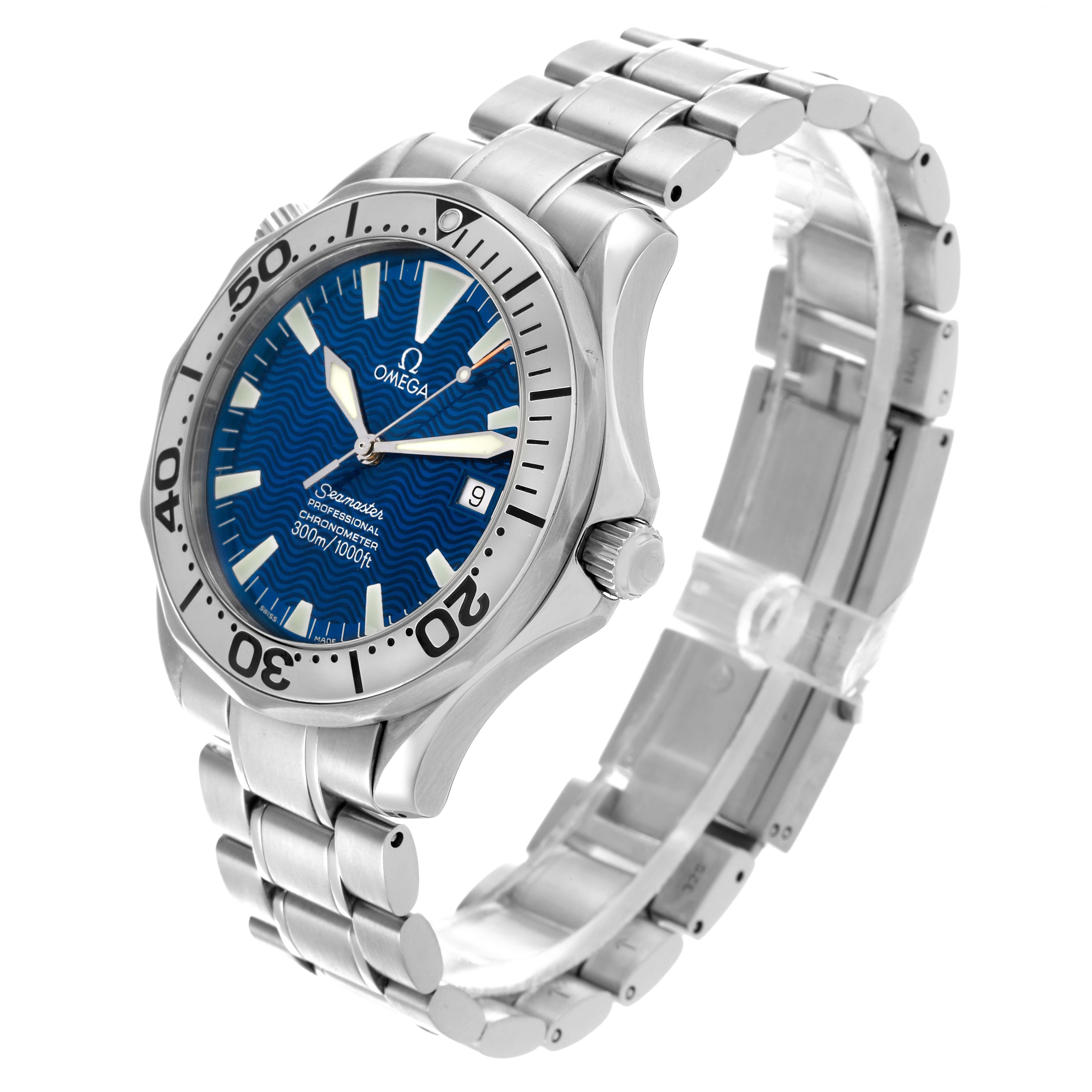 The Omega Seamaster 2255.80.00 Men
s Stainless Steel Blue Dial 2255.80.00 Men
s Stainless Steel Blue Dial watch is shown at a three-quarter angle, displaying the dial, bezel, bracelet, and crown.