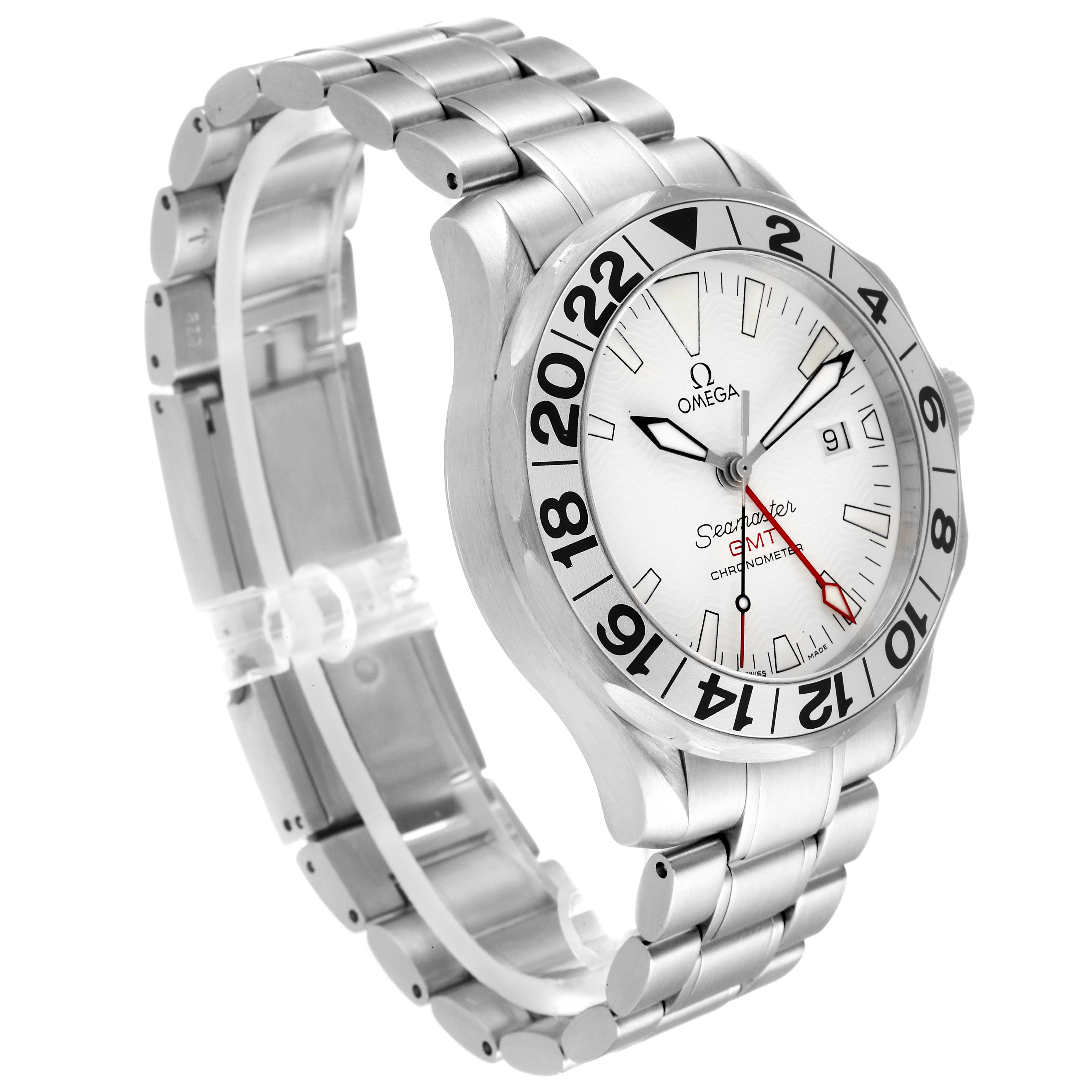 The image shows a side angle of an Omega Seamaster 2538.20.00 Men's Stainless Steel White Dial 2538.20.00 Men's Stainless Steel White Dial watch, highlighting the bracelet, bezel, and face details.