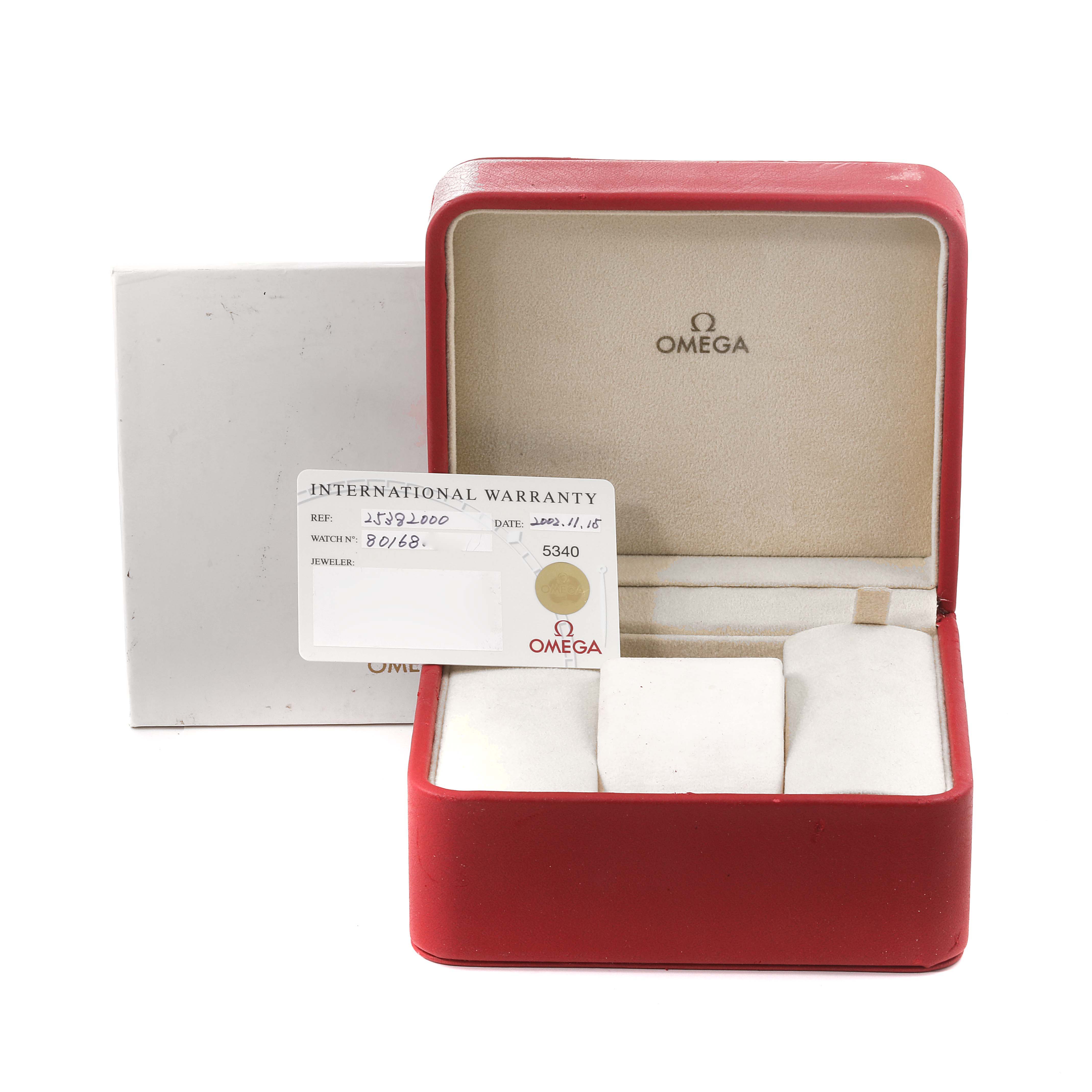 The image shows the Omega Seamaster 2538.20.00 Men's Stainless Steel White Dial 2538.20.00 Men's Stainless Steel White Dial watch's box, a warranty card, and packaging from a front angle.