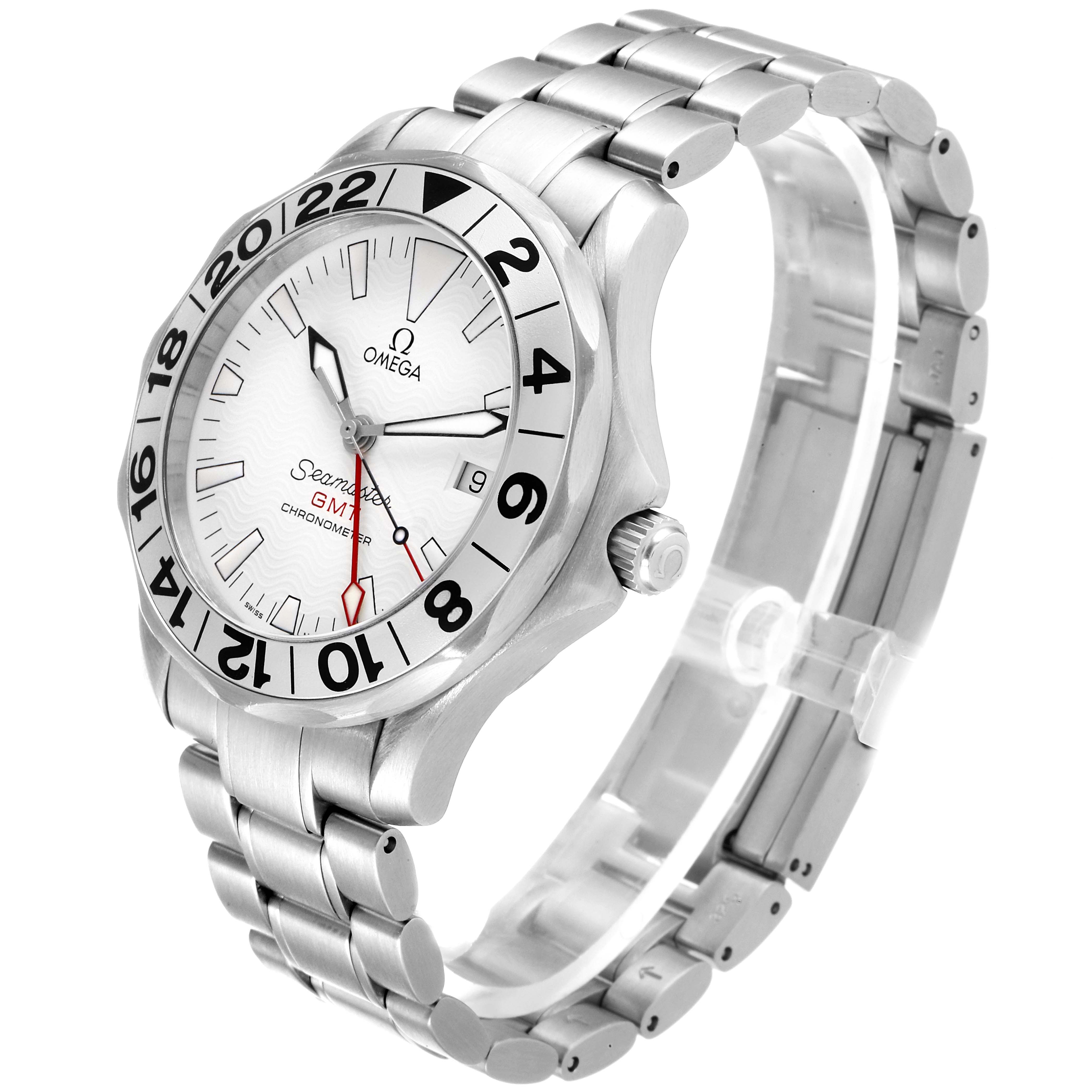 The Omega Seamaster 2538.20.00 Men's Stainless Steel White Dial 2538.20.00 Men's Stainless Steel White Dial watch is shown at a three-quarter angle, displaying the dial, bezel, crown, and part of the metal bracelet.