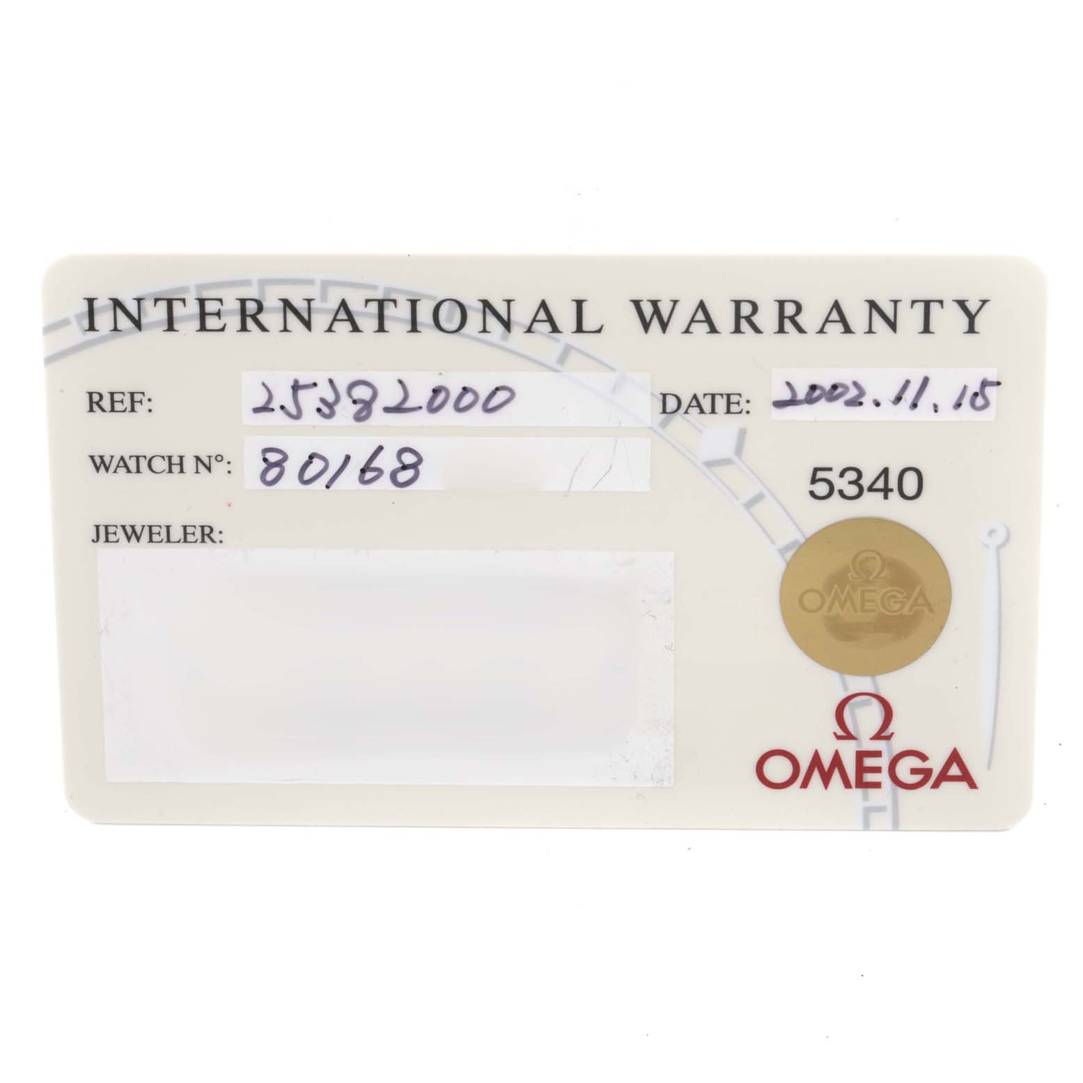 This image shows the international warranty card for an Omega Seamaster 2538.20.00 Men's Stainless Steel White Dial 2538.20.00 Men's Stainless Steel White Dial watch.