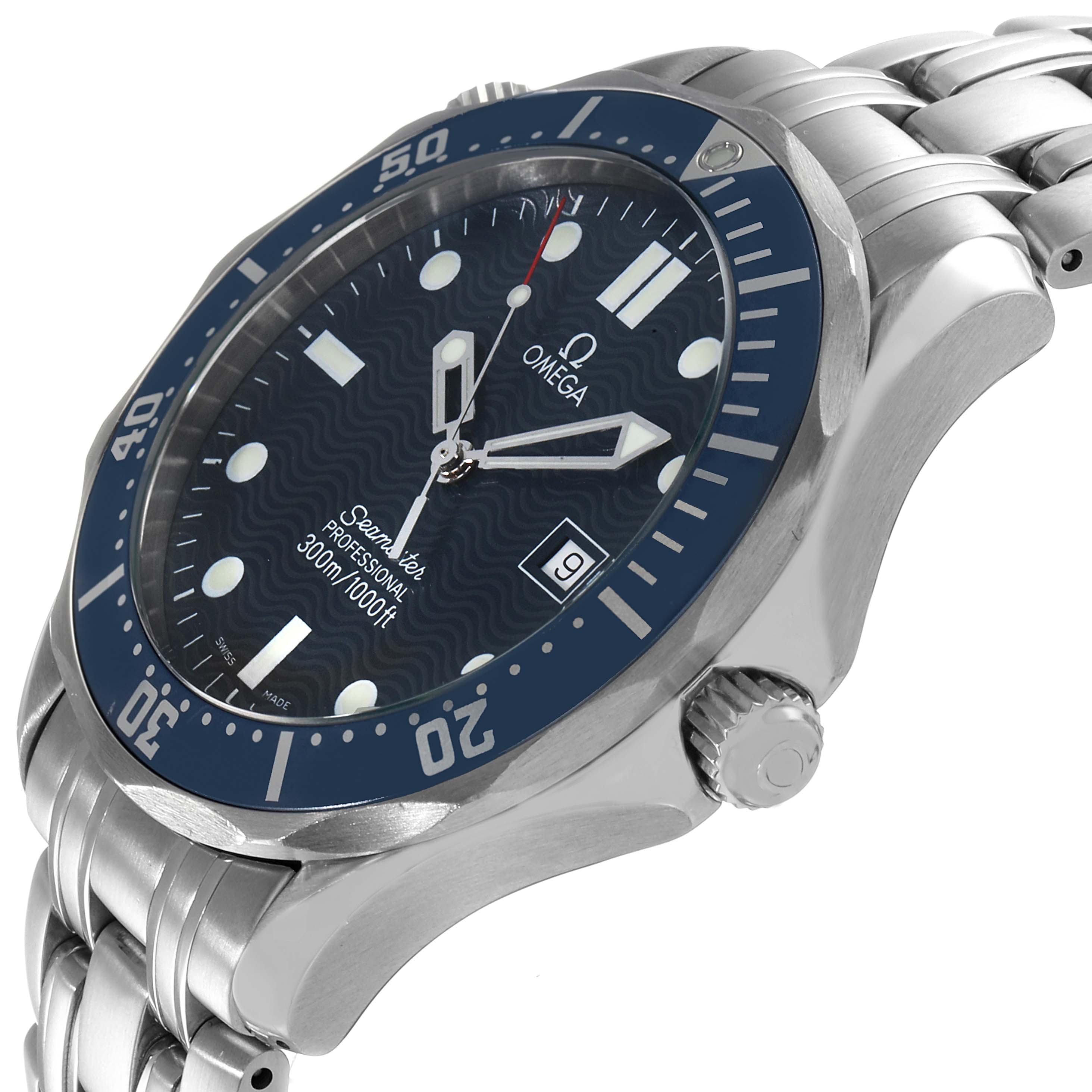 This Omega Seamaster 2541.80.00 Men's Stainless Steel Blue Dial 2541.80.00 Men's Stainless Steel Blue Dial watch is viewed at an angle showing the dial, bezel, crown, and part of the bracelet.