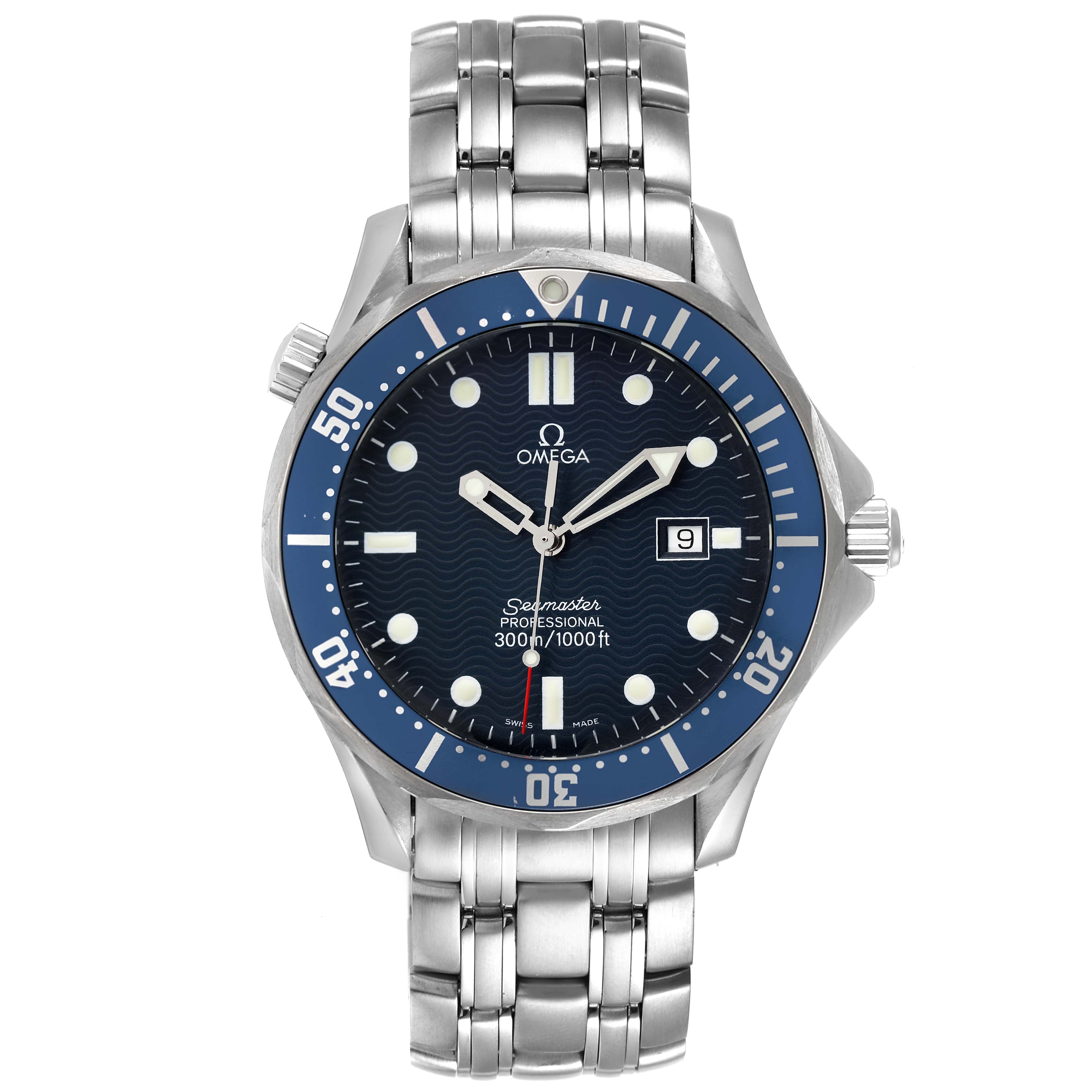 The image shows a front view of the Omega Seamaster 2541.80.00 Men's Stainless Steel Blue Dial 2541.80.00 Men's Stainless Steel Blue Dial watch, focusing on its dial, bezel, hands, and metal bracelet.