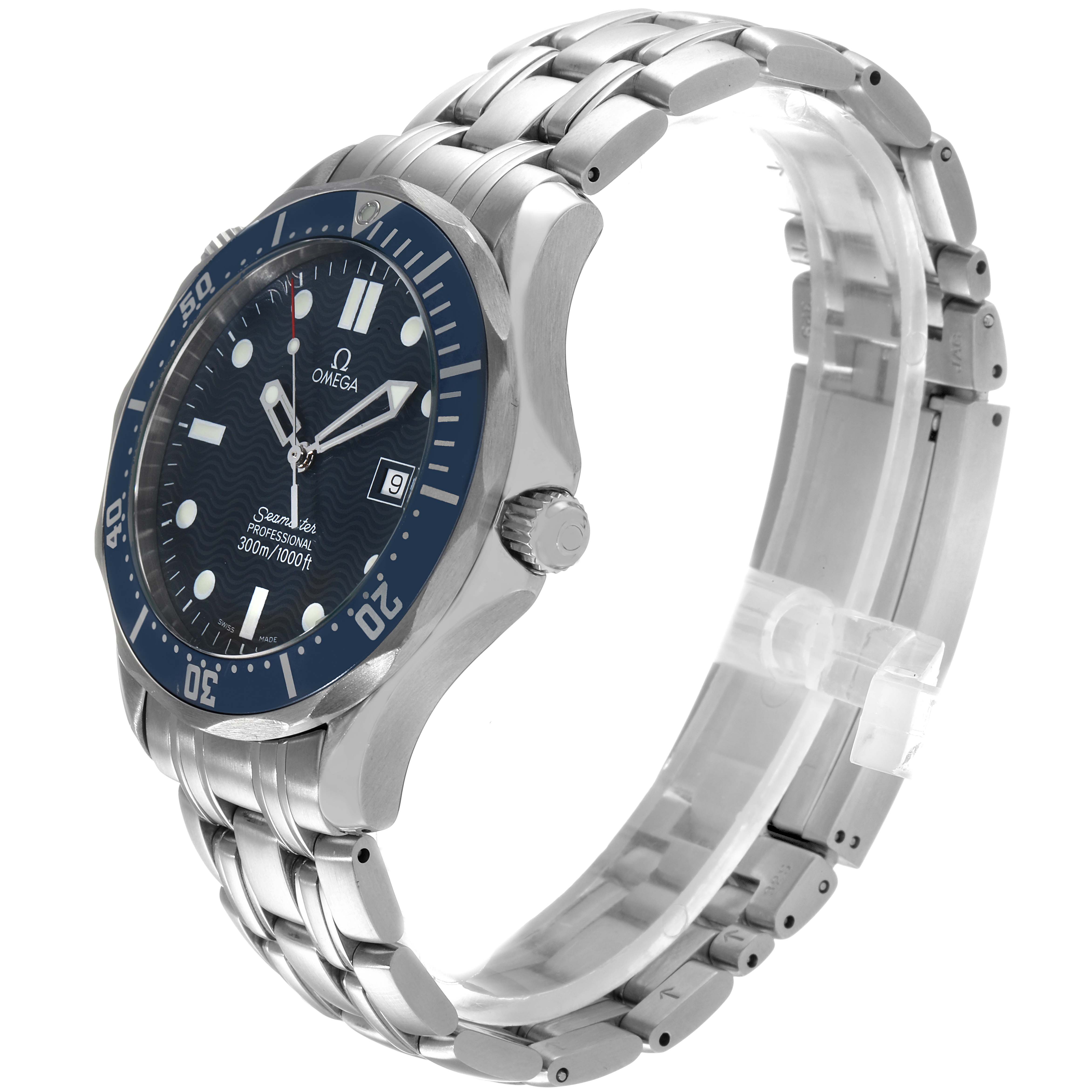 The Omega Seamaster 2541.80.00 Men's Stainless Steel Blue Dial 2541.80.00 Men's Stainless Steel Blue Dial watch is shown at a three-quarter angle, highlighting the face, bezel, crown, and bracelet.