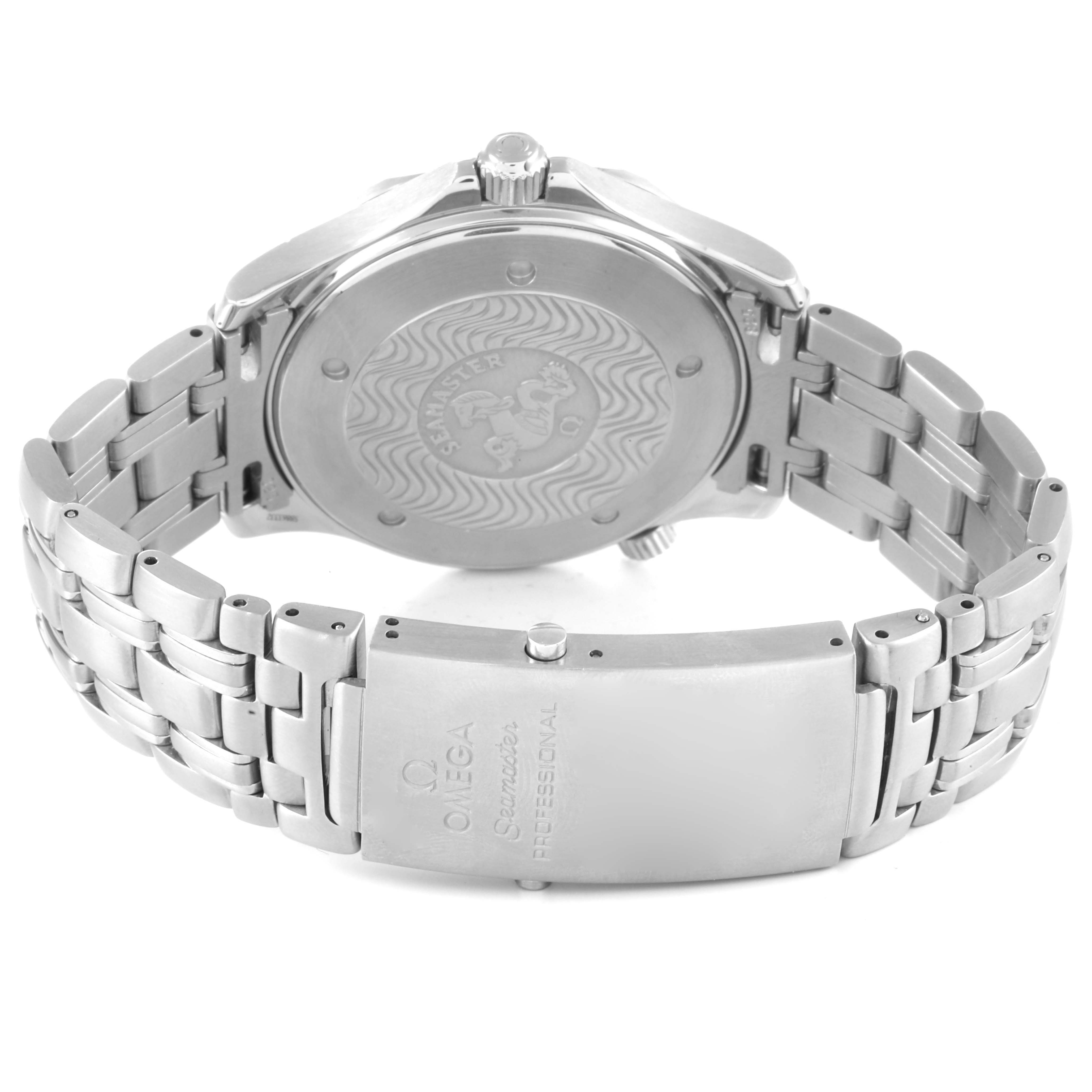 The image shows the back case and the bracelet clasp of an Omega Seamaster 2541.80.00 Men's Stainless Steel Blue Dial 2541.80.00 Men's Stainless Steel Blue Dial watch, with the brand and model engravings visible.