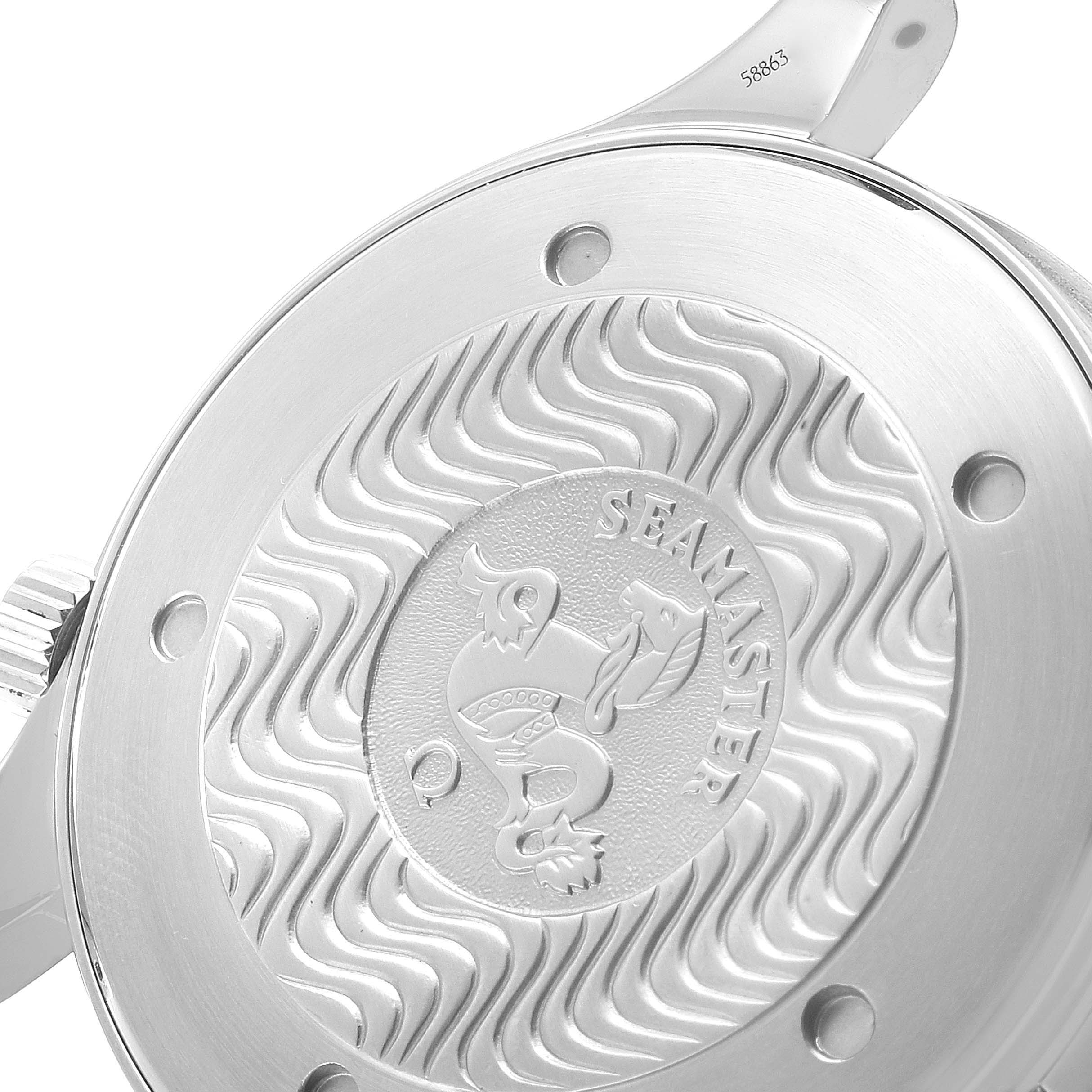 The image shows the case back of an Omega Seamaster 2541.80.00 Men's Stainless Steel Blue Dial 2541.80.00 Men's Stainless Steel Blue Dial watch from a close-up and side angle.